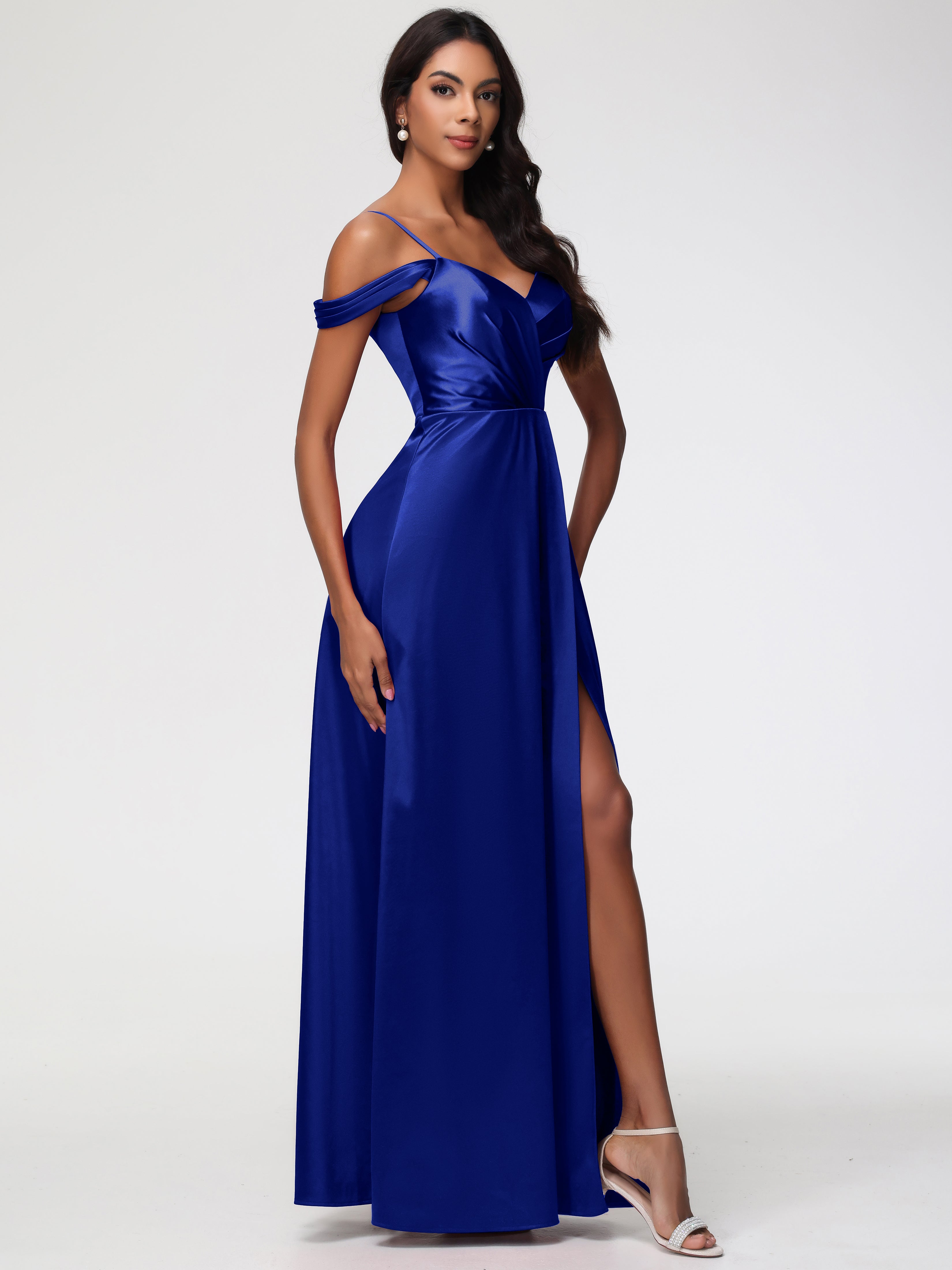 Robes De Demoiselle D'Honneur Bleu Royal Longues Satin Extensible Robe Trapèze Demoiselle D'Honneur Épaule Dénudée