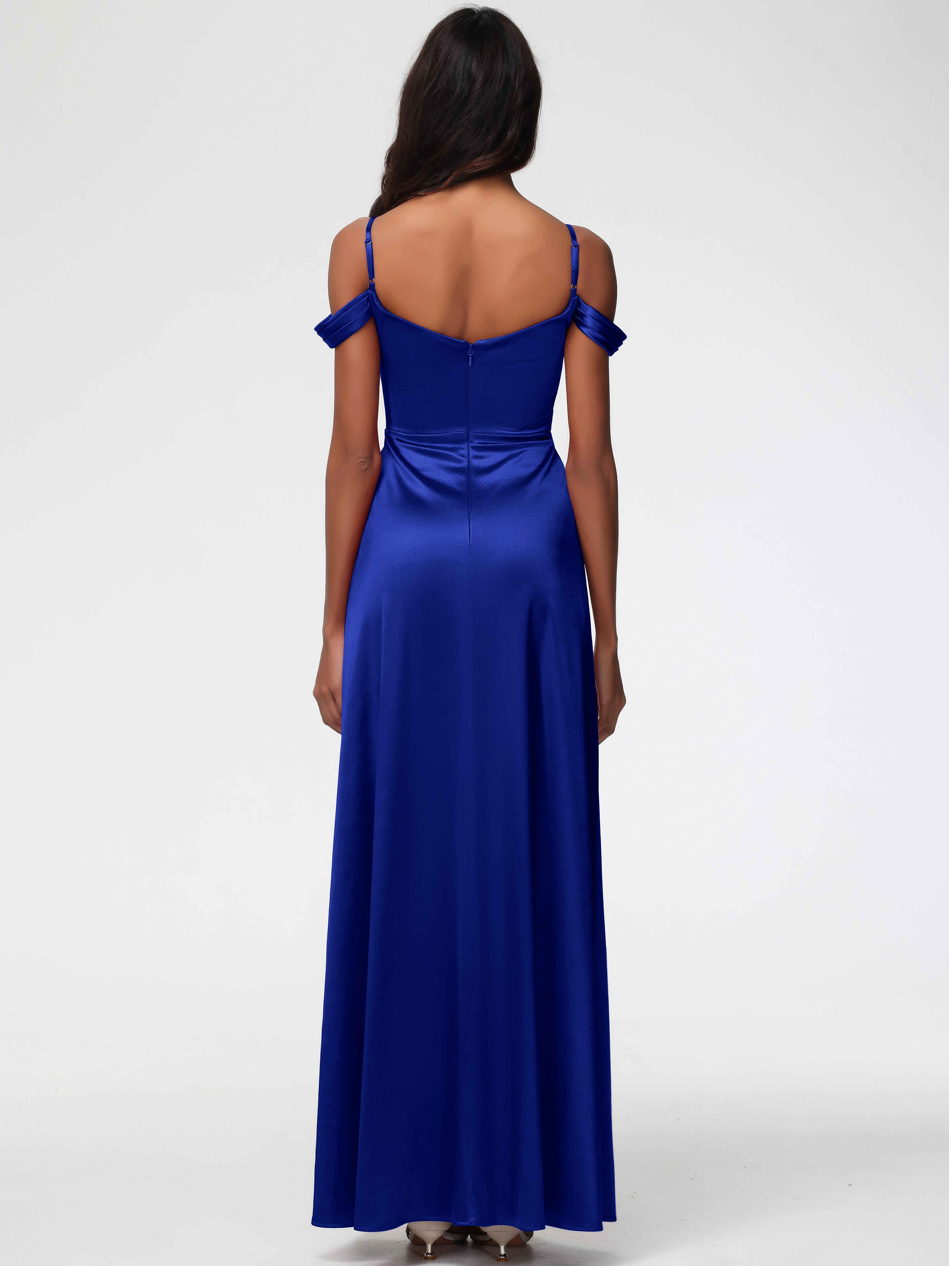 Robes De Demoiselle D'Honneur Bleu Royal Longues Satin Extensible Robe Trapèze Demoiselle D'Honneur Épaule Dénudée