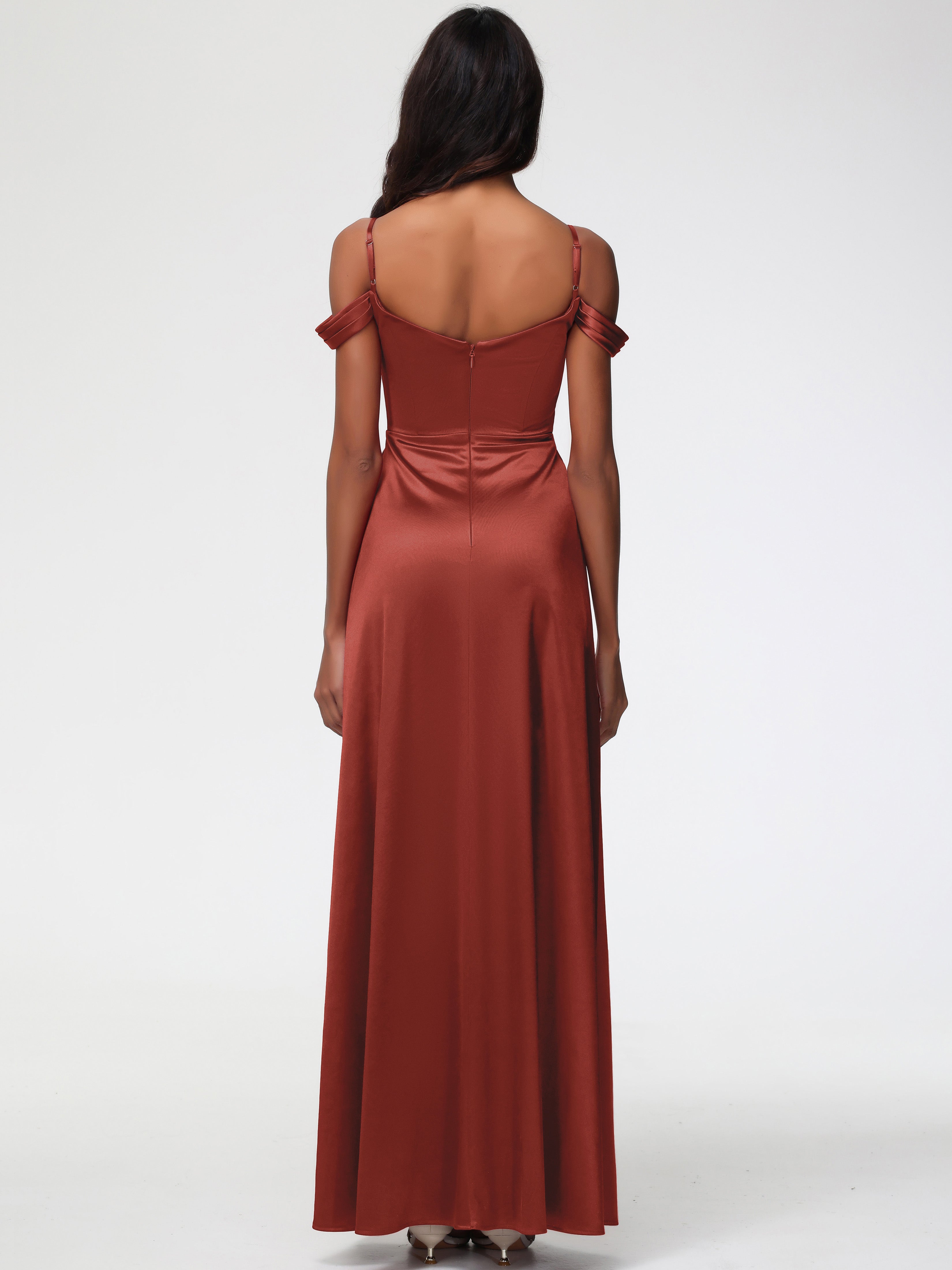 Rouille De Demoiselle D'Honneur Satin Extensible Robe Trapèze Demoiselle D'Honneur Épaule Dénudée