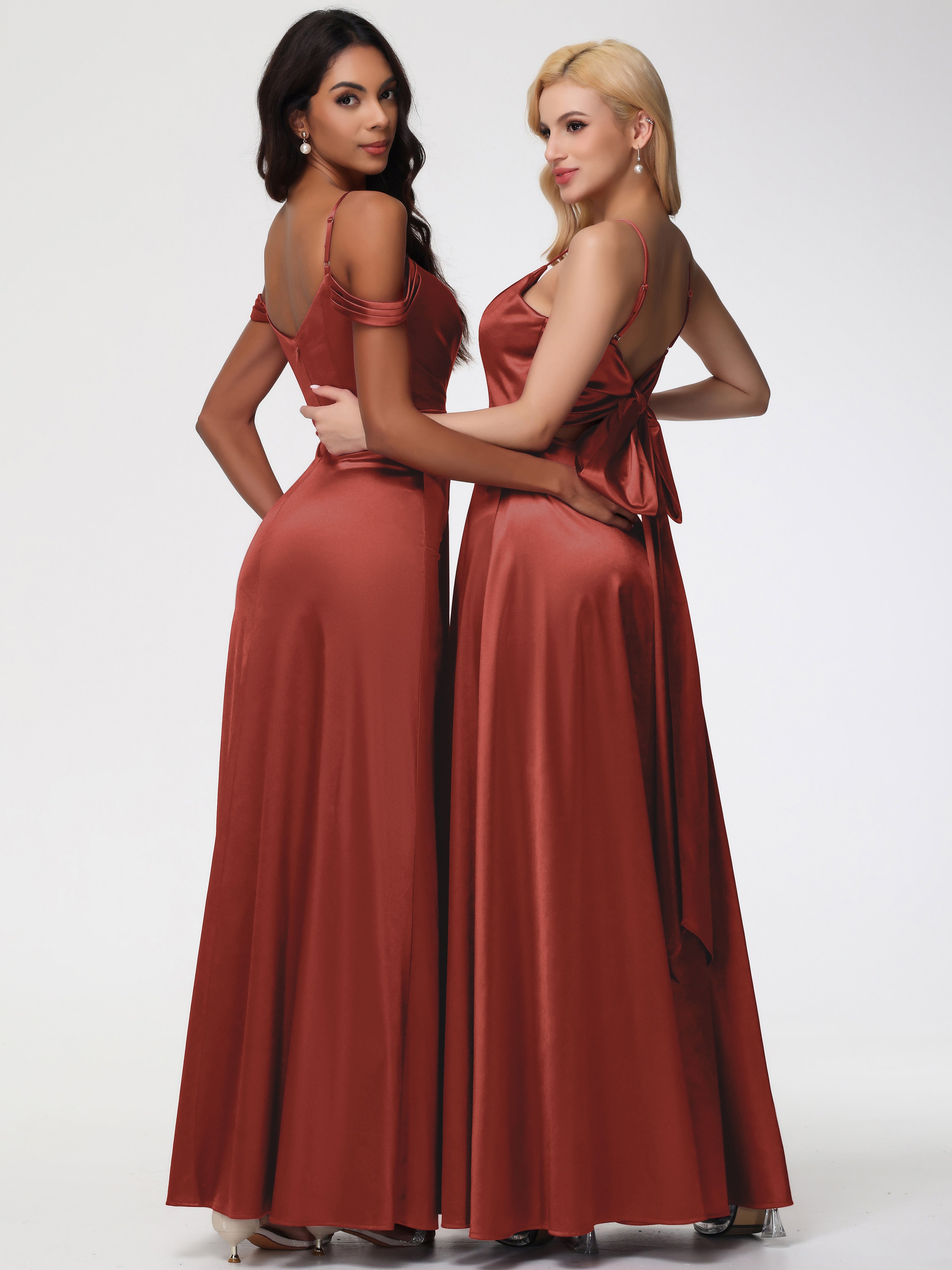 Rouille De Demoiselle D'Honneur Satin Extensible Robe Trapèze Demoiselle D'Honneur Épaule Dénudée