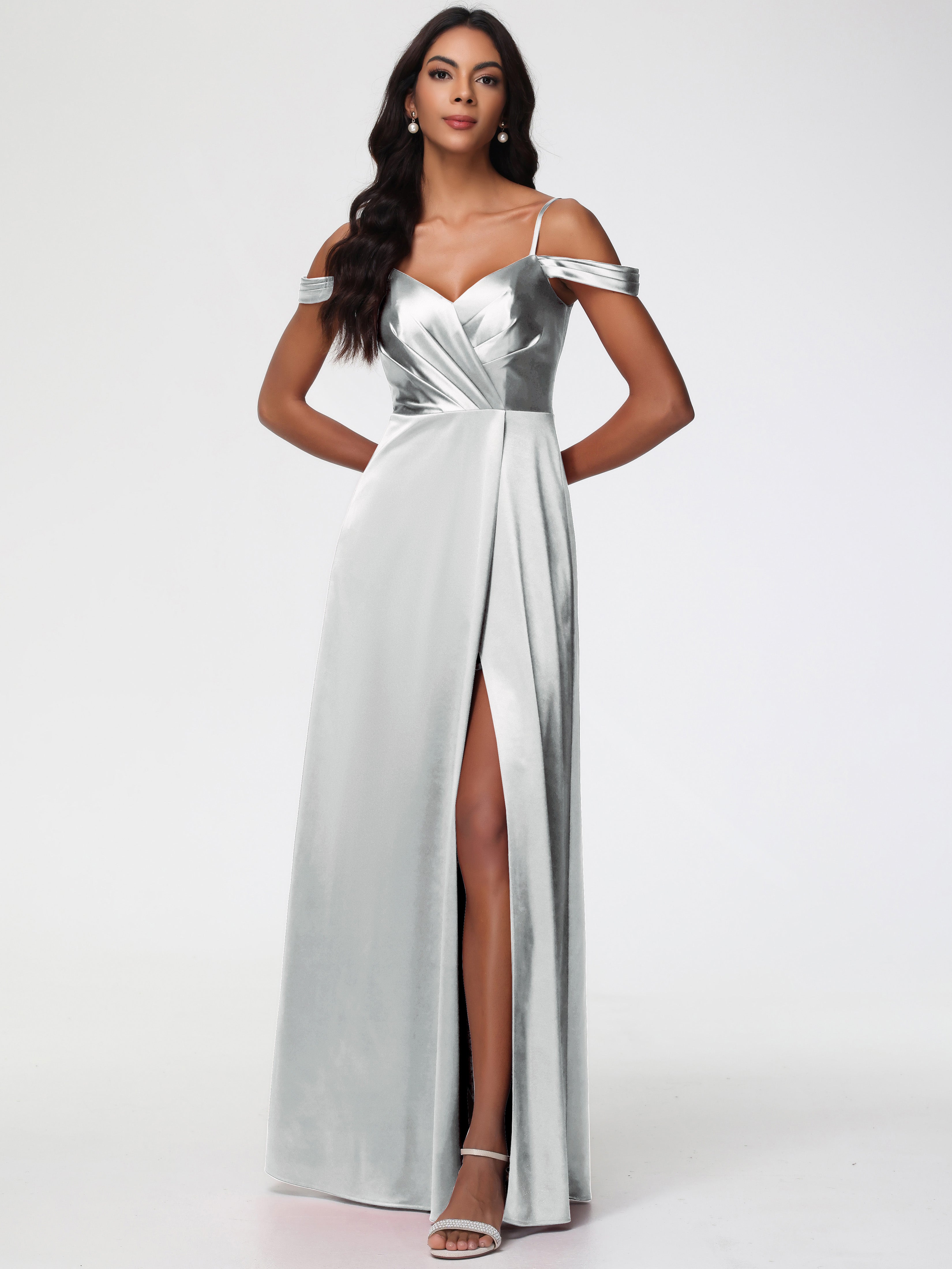 Robes De Demoiselle D'Honneur En Argent Satin Extensible Robe Trapèze Demoiselle D'Honneur Épaule Dénudée