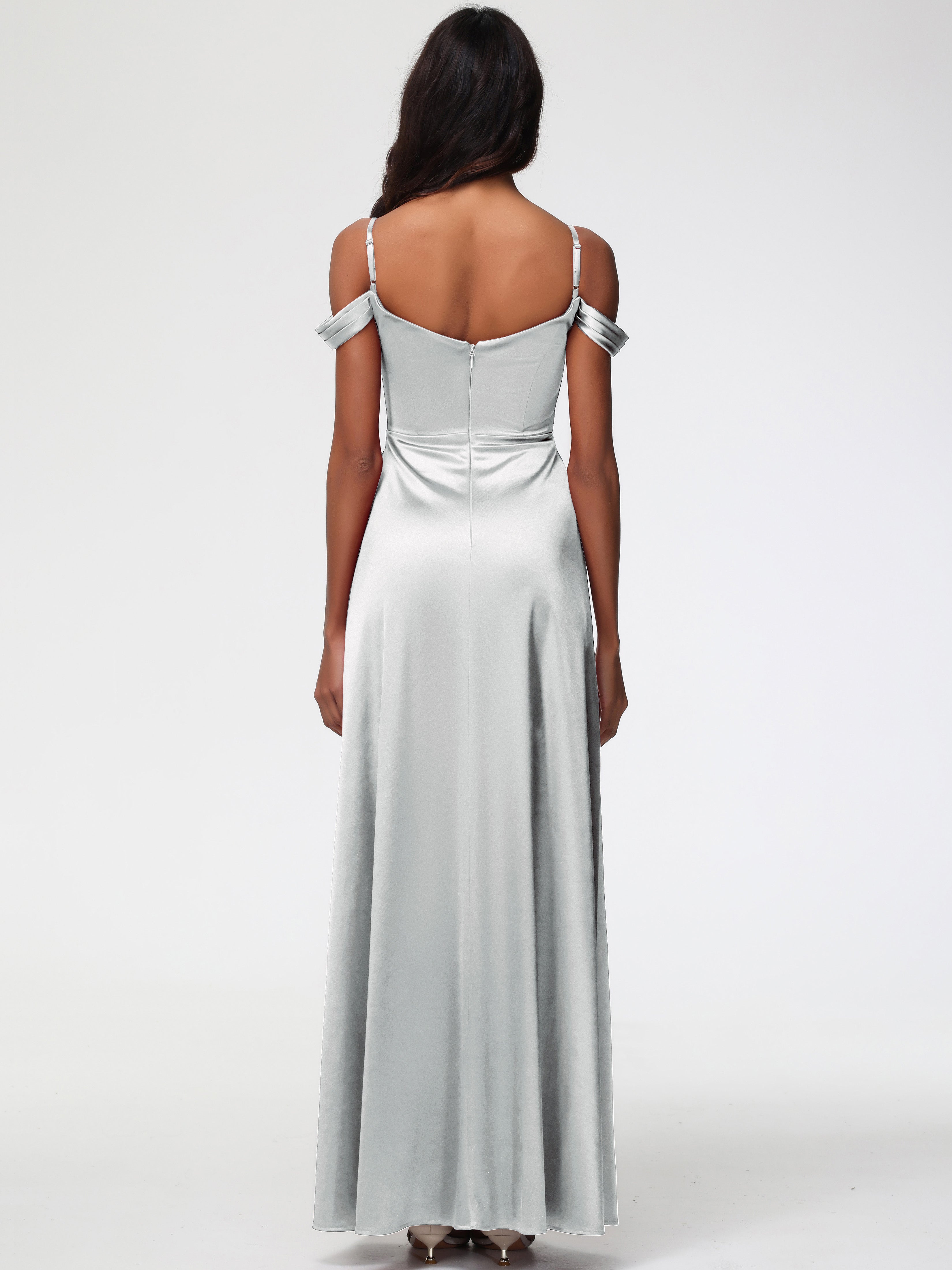 Robes De Demoiselle D'Honneur En Argent Satin Extensible Robe Trapèze Demoiselle D'Honneur Épaule Dénudée