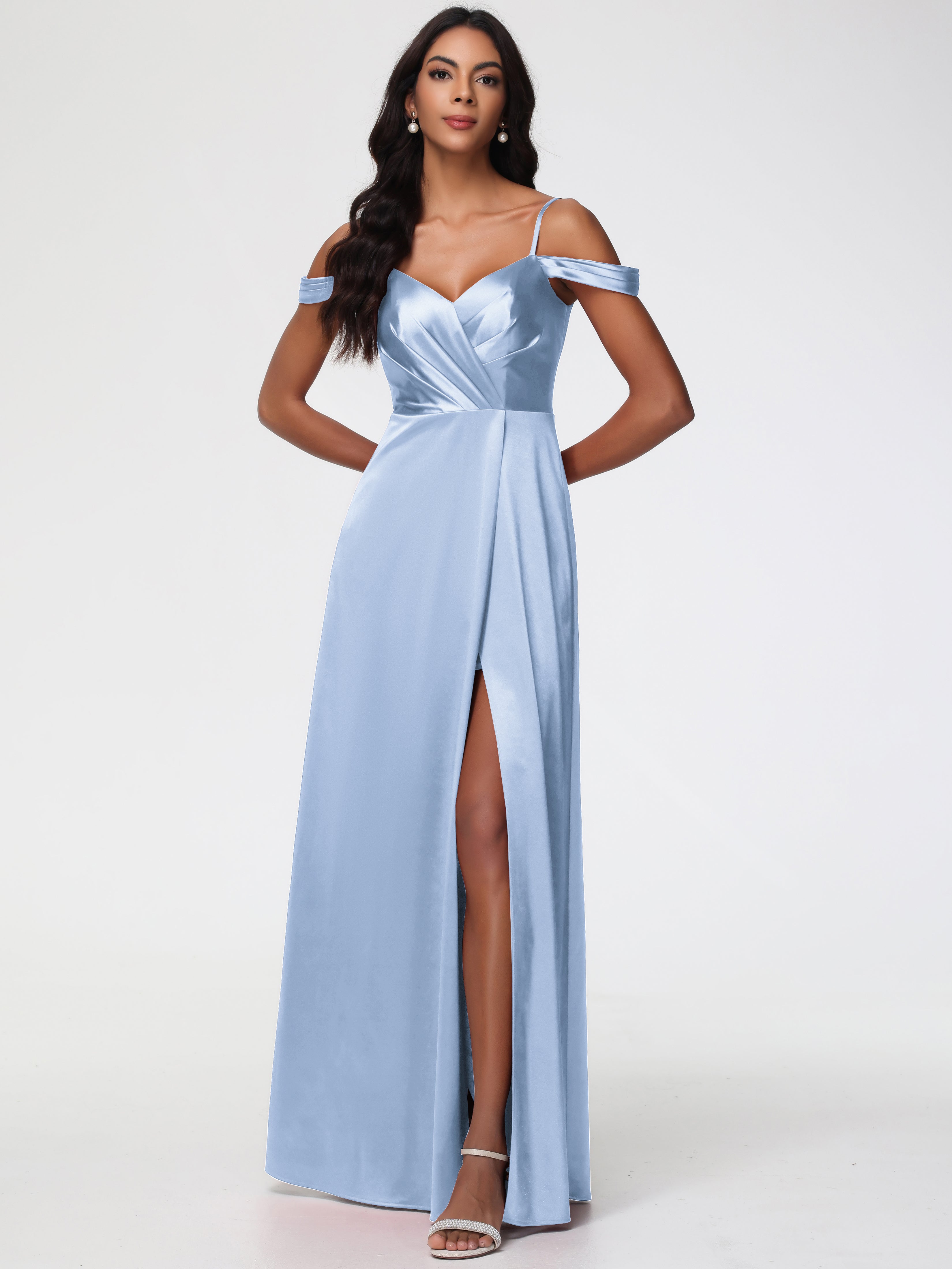 Robe Longue Bleu Ciel Demoiselle D Honneur Satin Extensible Robe Trapèze Demoiselle D'Honneur Épaule Dénudée