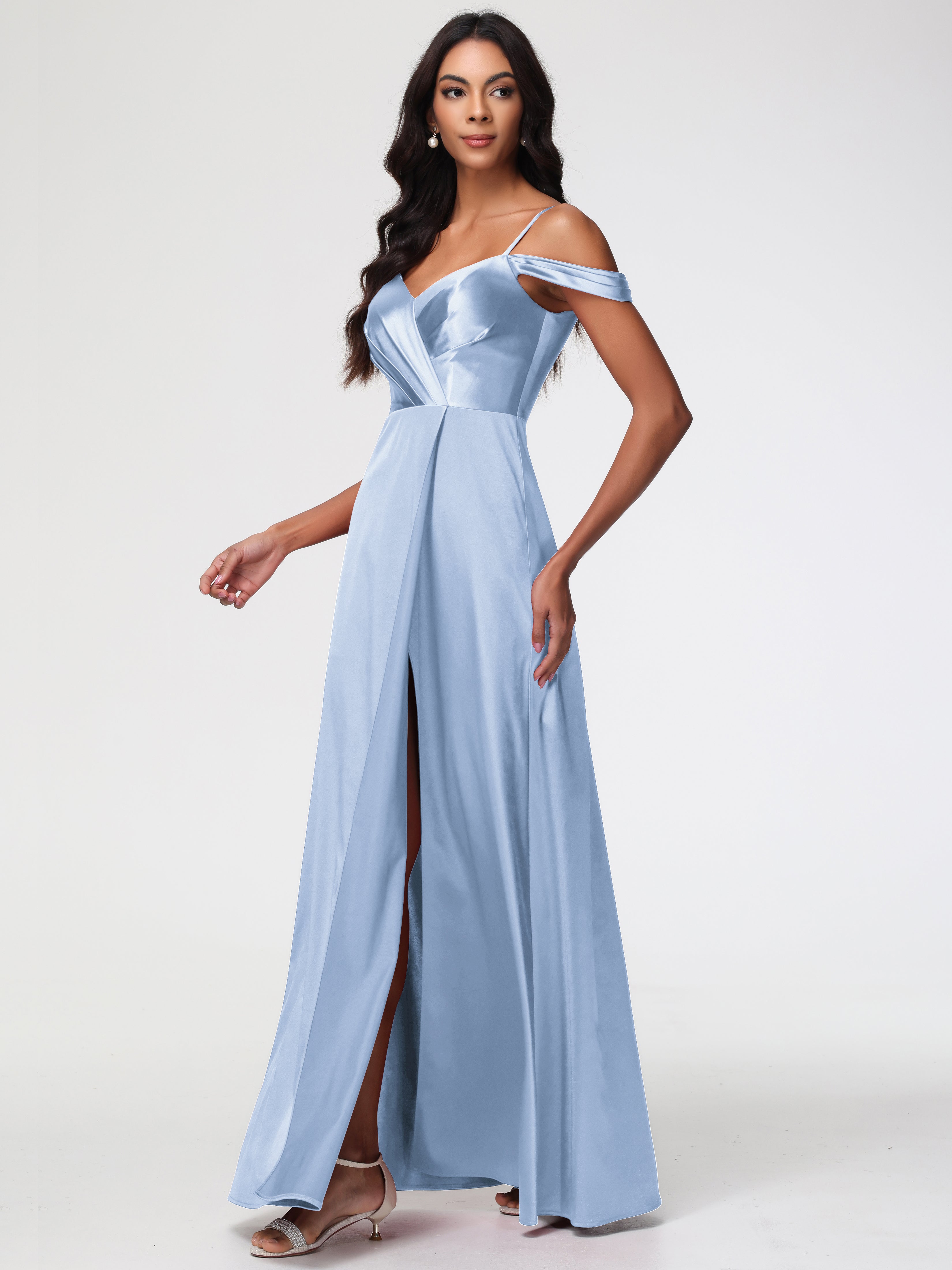 Robe Longue Bleu Ciel Demoiselle D Honneur Satin Extensible Robe Trapèze Demoiselle D'Honneur Épaule Dénudée
