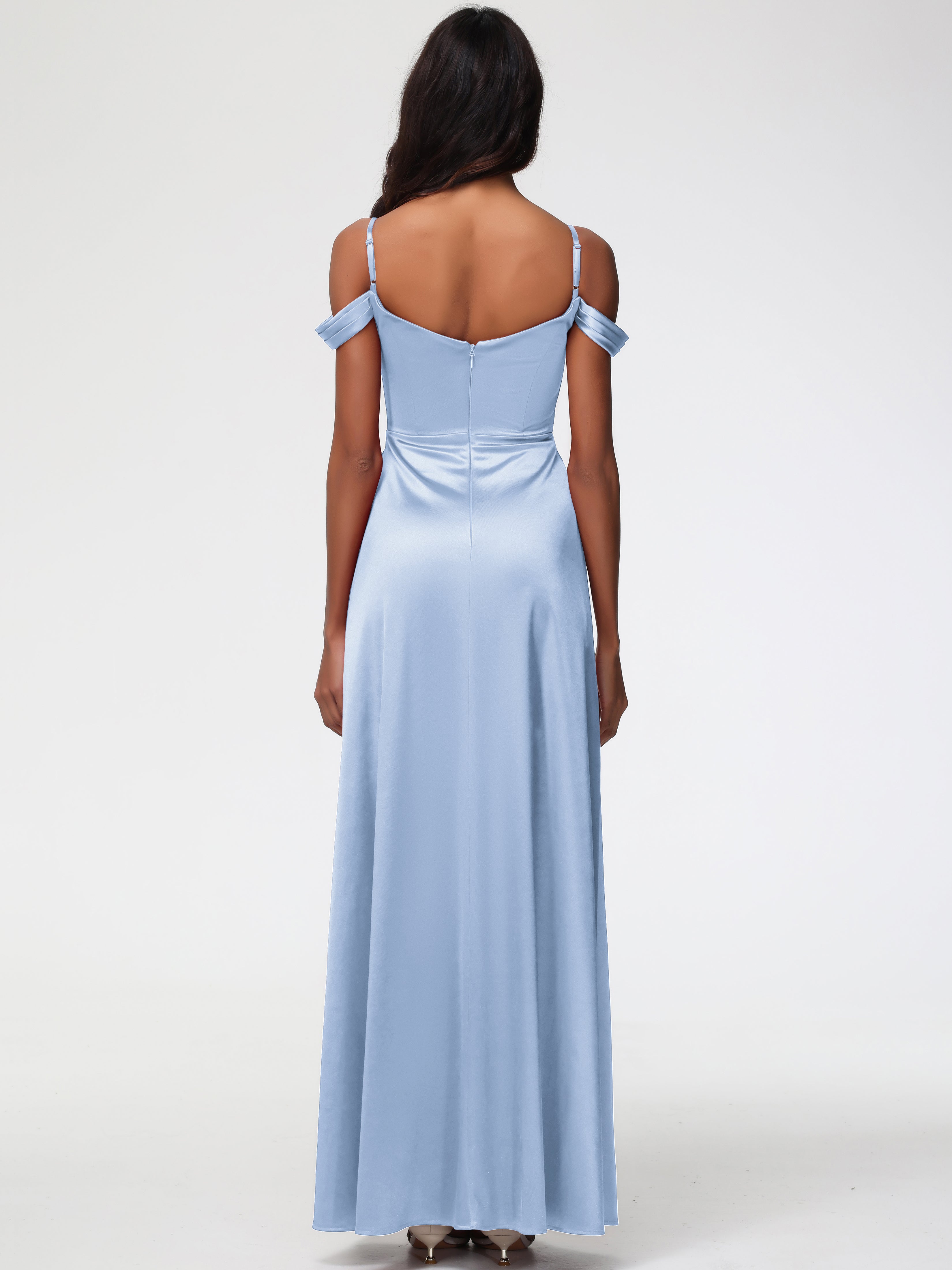 Robe Longue Bleu Ciel Demoiselle D Honneur Satin Extensible Robe Trapèze Demoiselle D'Honneur Épaule Dénudée