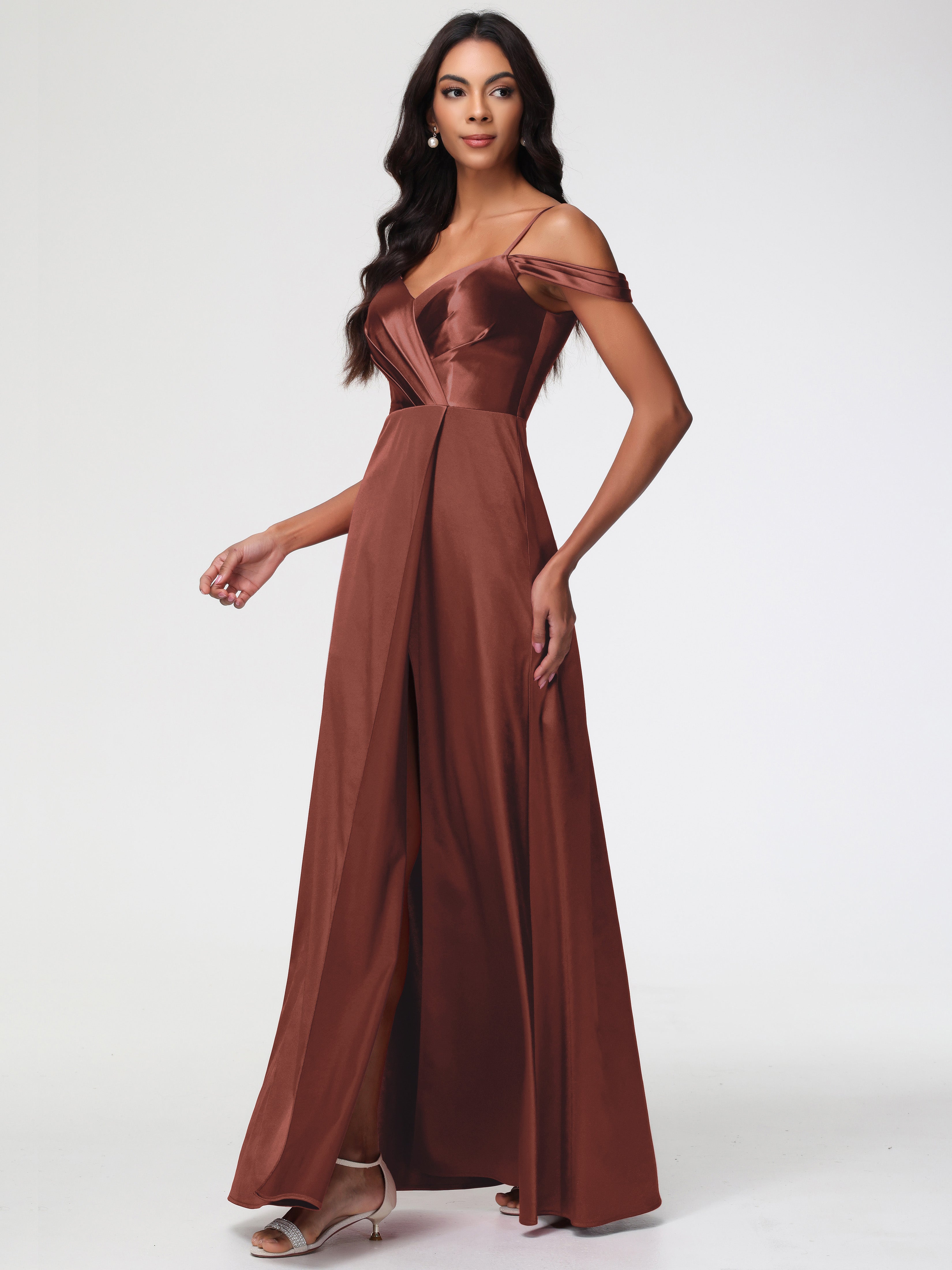 Robe Demoiselle D Honneur Terra Cotta Satin Extensible Robe Trapèze Demoiselle D'Honneur Épaule Dénudée
