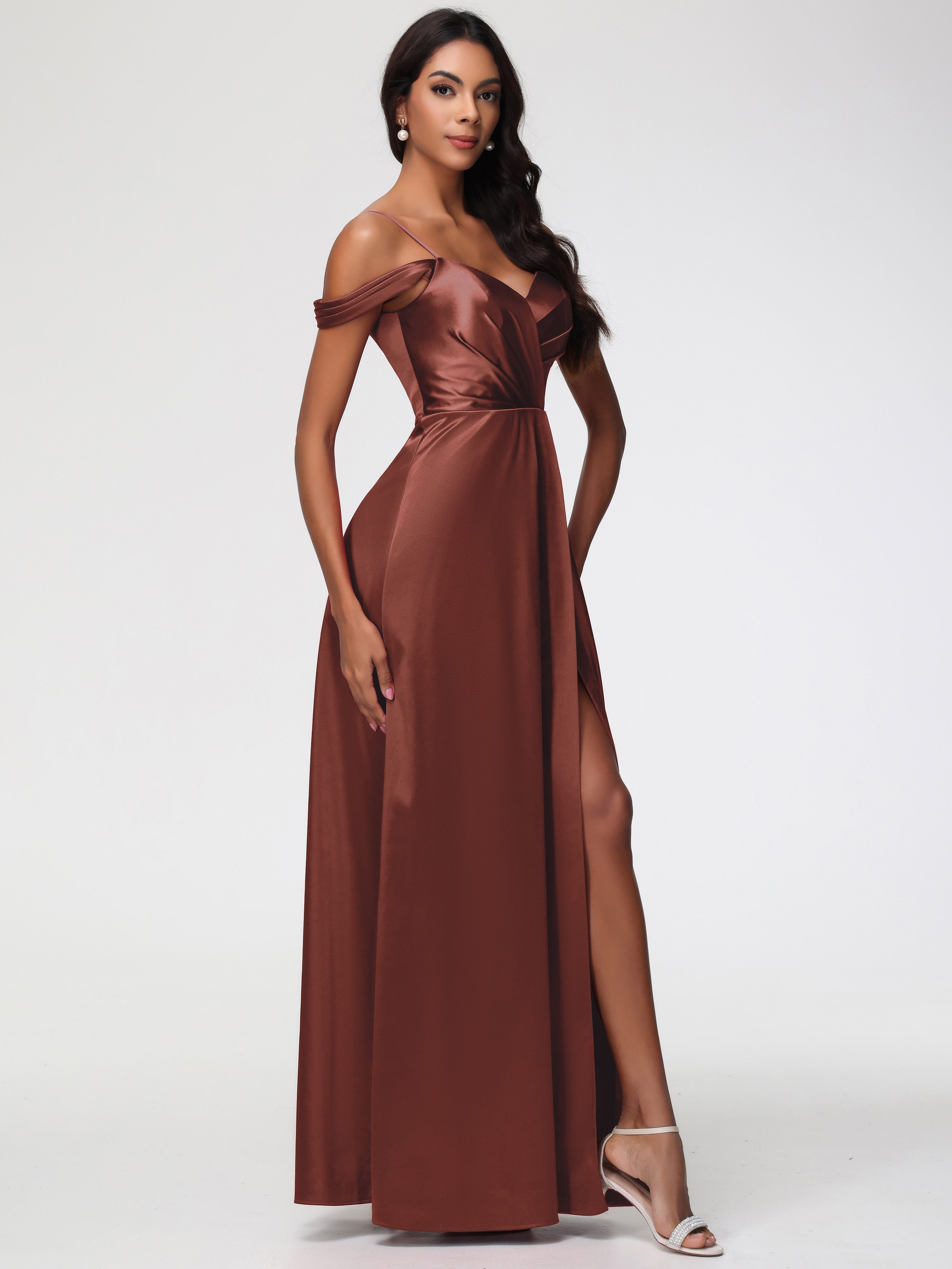 Robe Demoiselle D Honneur Terra Cotta Satin Extensible Robe Trapèze Demoiselle D'Honneur Épaule Dénudée