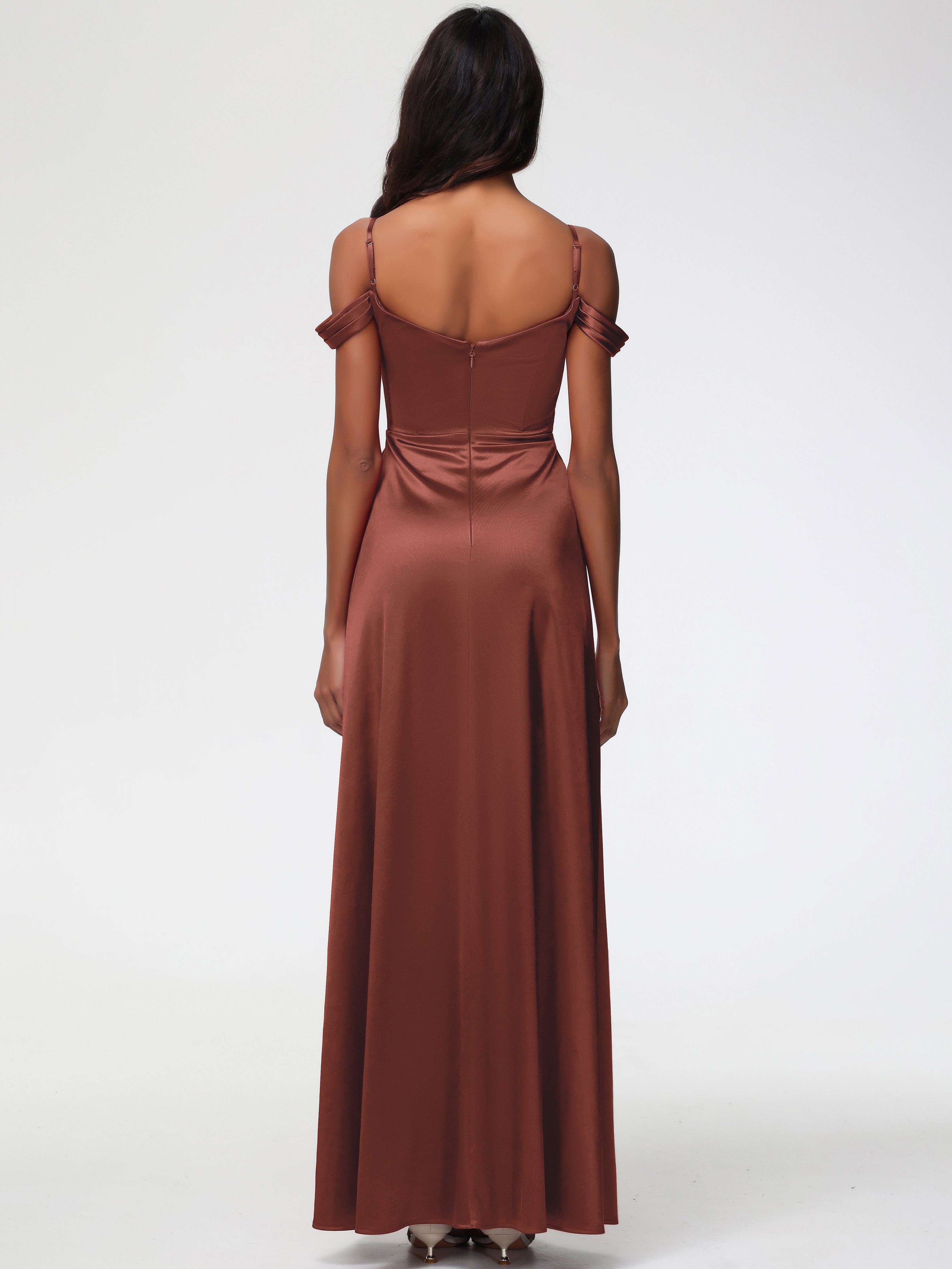 Robe Demoiselle D Honneur Terra Cotta Satin Extensible Robe Trapèze Demoiselle D'Honneur Épaule Dénudée