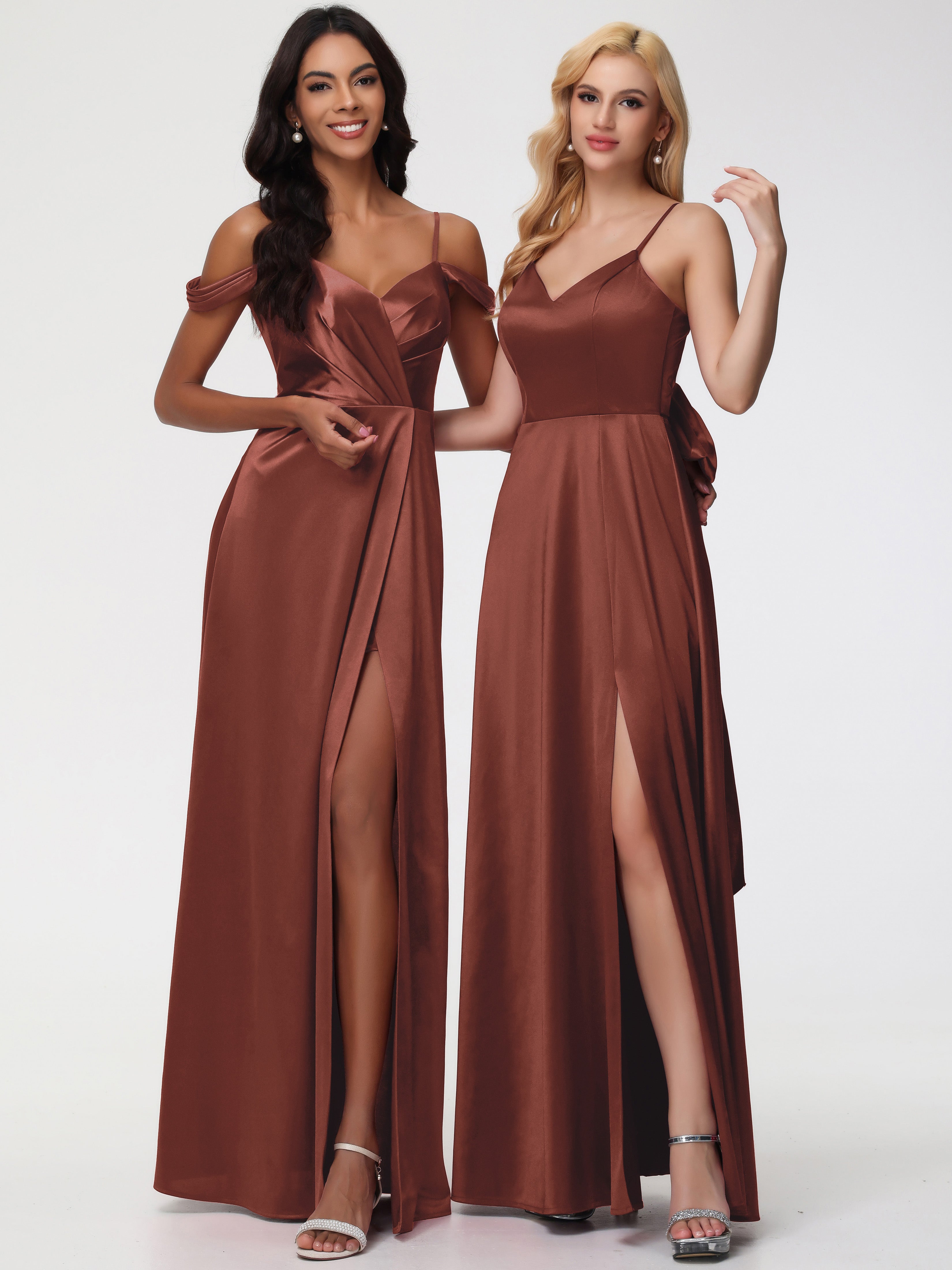 Robe Demoiselle D Honneur Terra Cotta Satin Extensible Robe Trapèze Demoiselle D'Honneur Épaule Dénudée