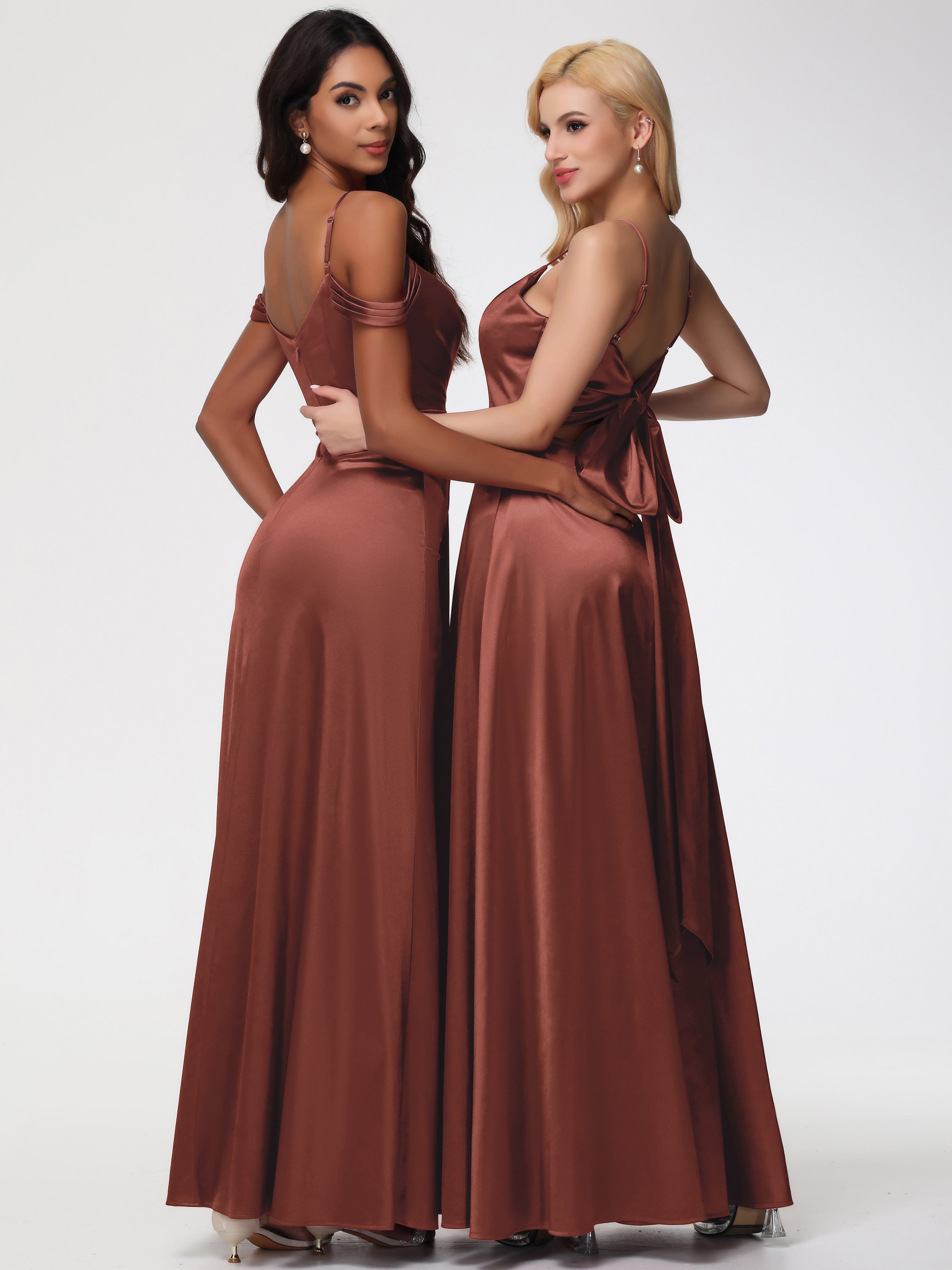 Robe Demoiselle D Honneur Terra Cotta Satin Extensible Robe Trapèze Demoiselle D'Honneur Épaule Dénudée