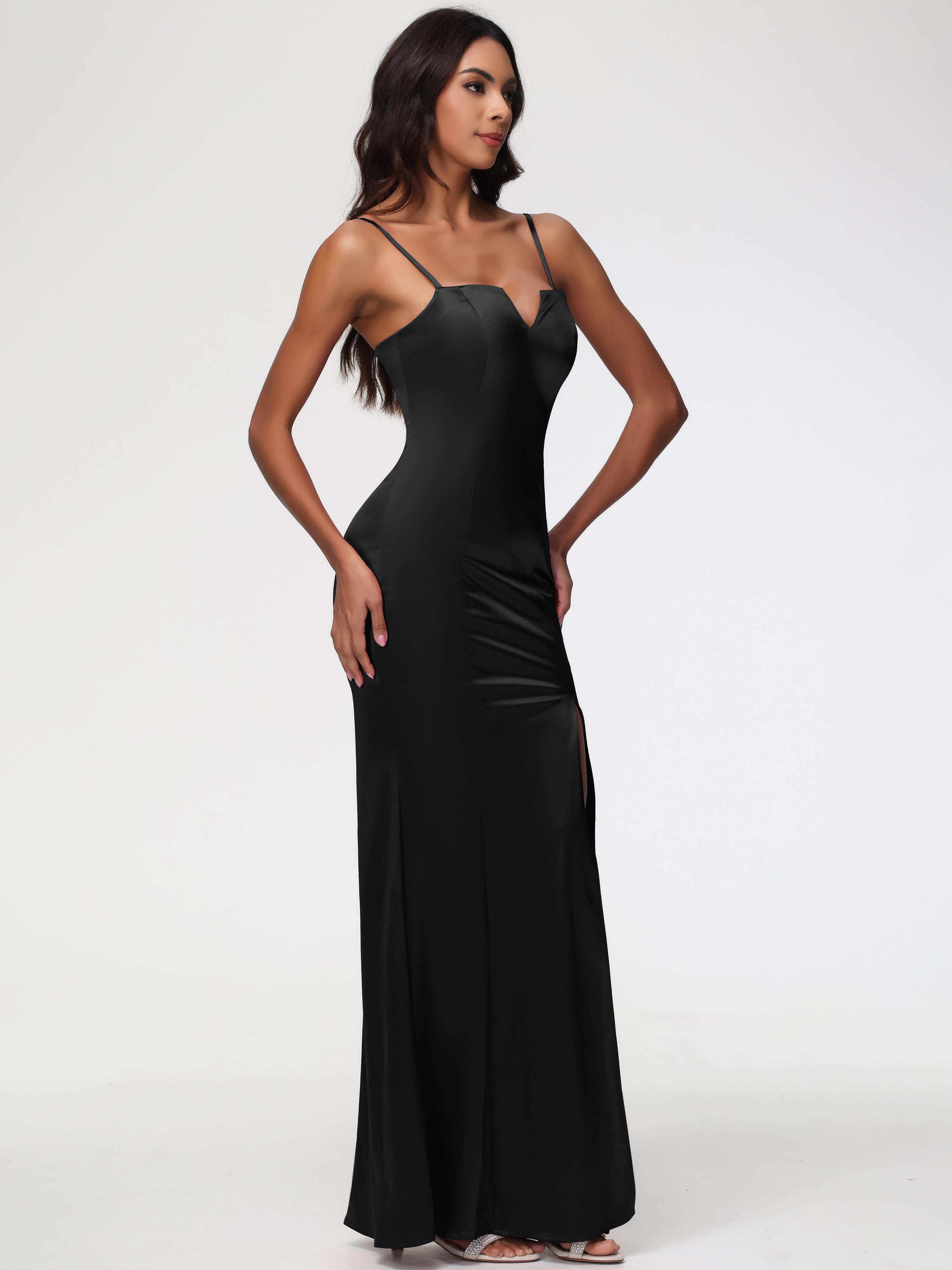 Longues Robes De Demoiselle D'Honneur Noires Cache Coeur Satin Extensible Robe Fourreau Demoiselle D'Honneur