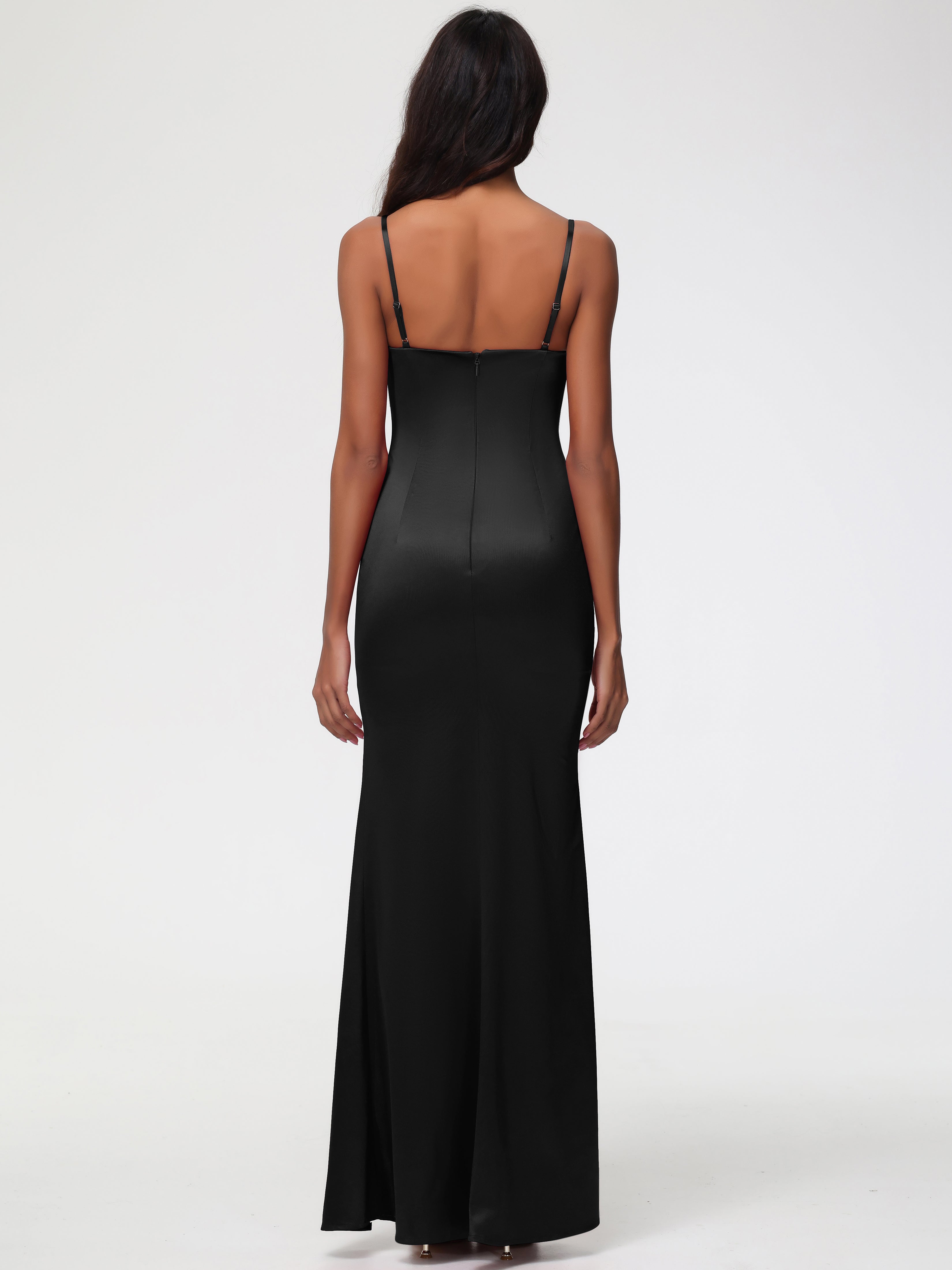 Longues Robes De Demoiselle D'Honneur Noires Cache Coeur Satin Extensible Robe Fourreau Demoiselle D'Honneur