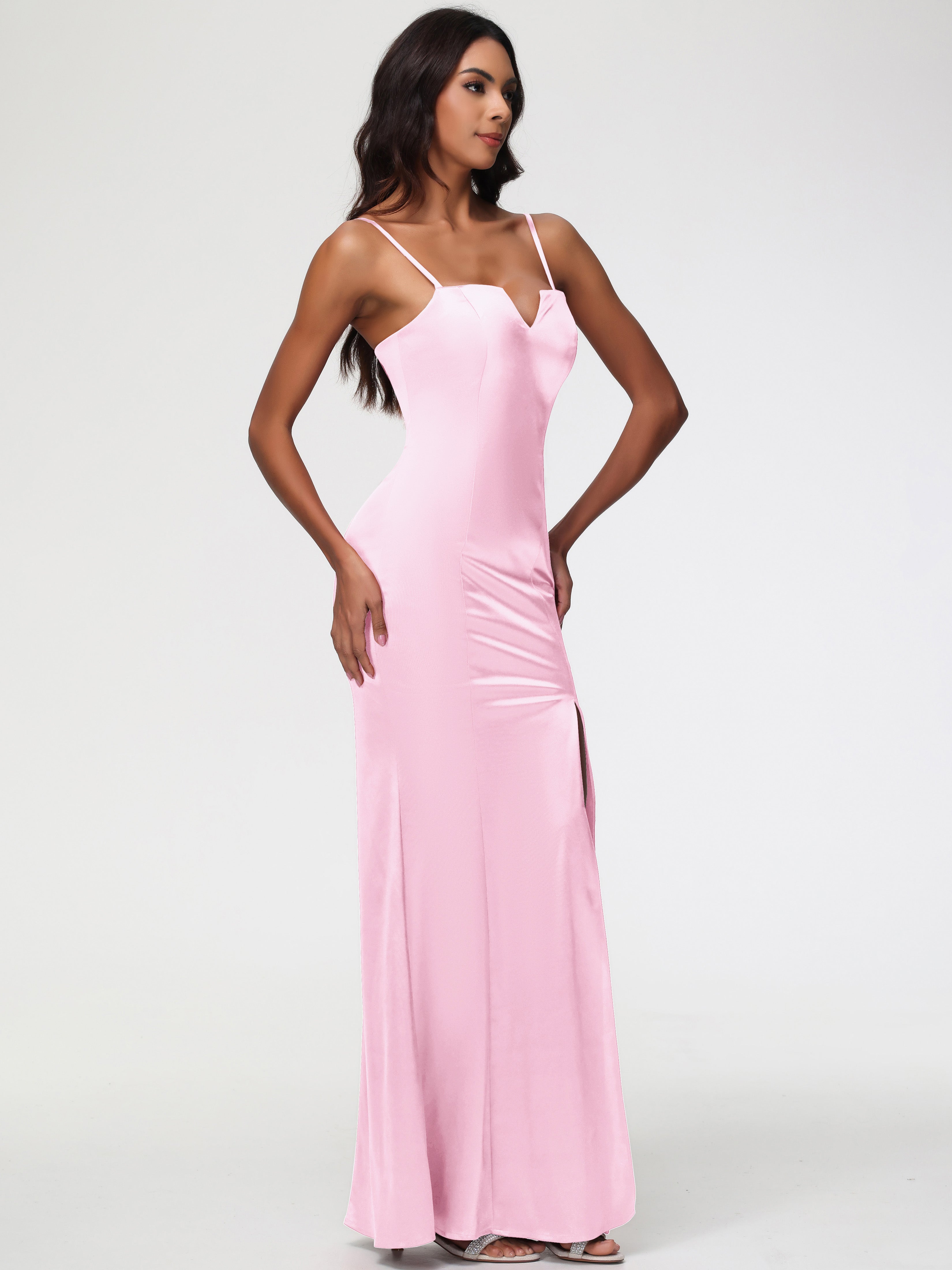 Robes De Demoiselle D'Honneur Rose Pale Cache Coeur Satin Extensible Robe Fourreau Demoiselle D'Honneur