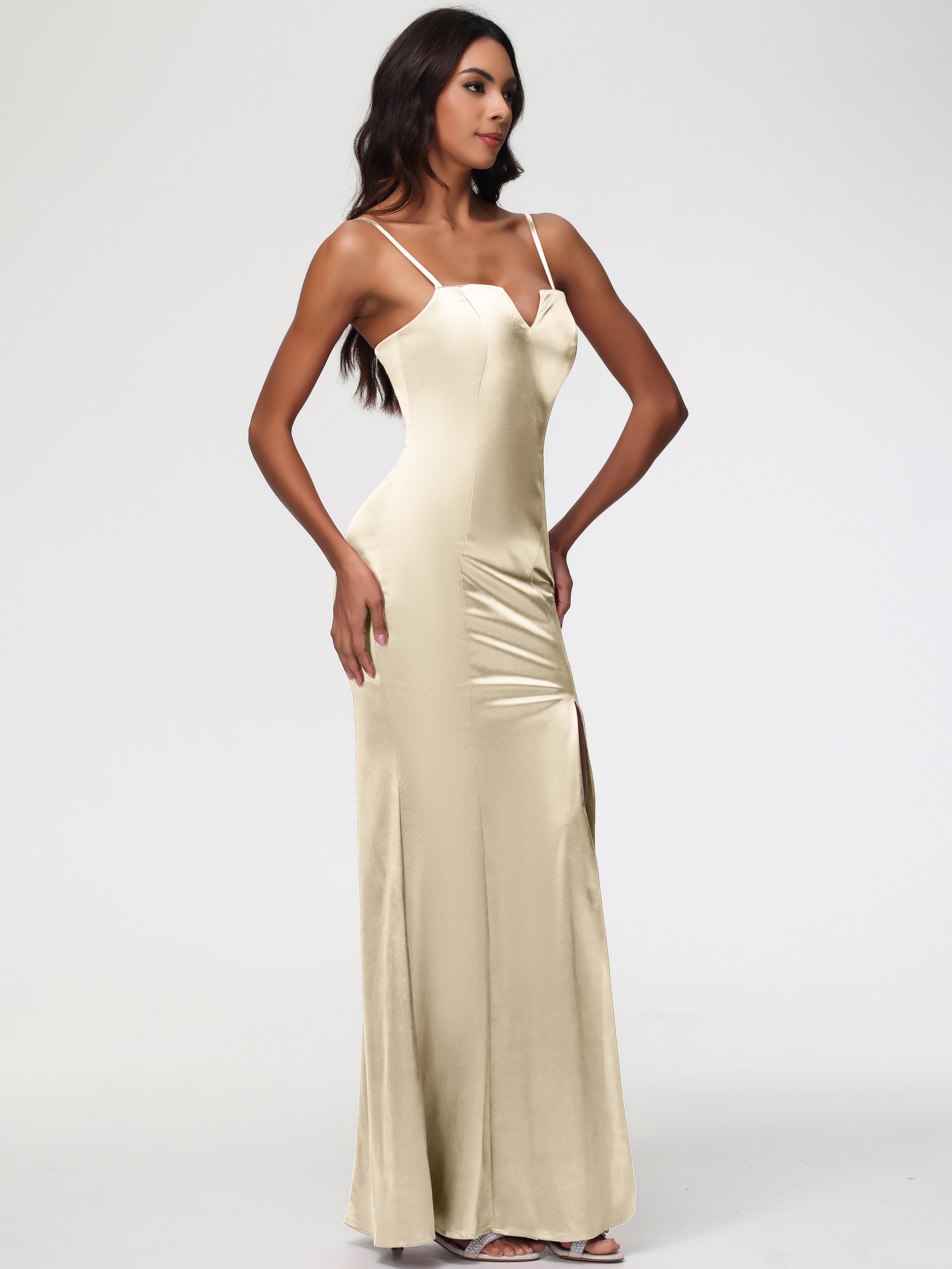 Robes De Demoiselle D'Honneur Couleur Champagne Cache Coeur Satin Extensible Robe Fourreau Demoiselle D'Honneur