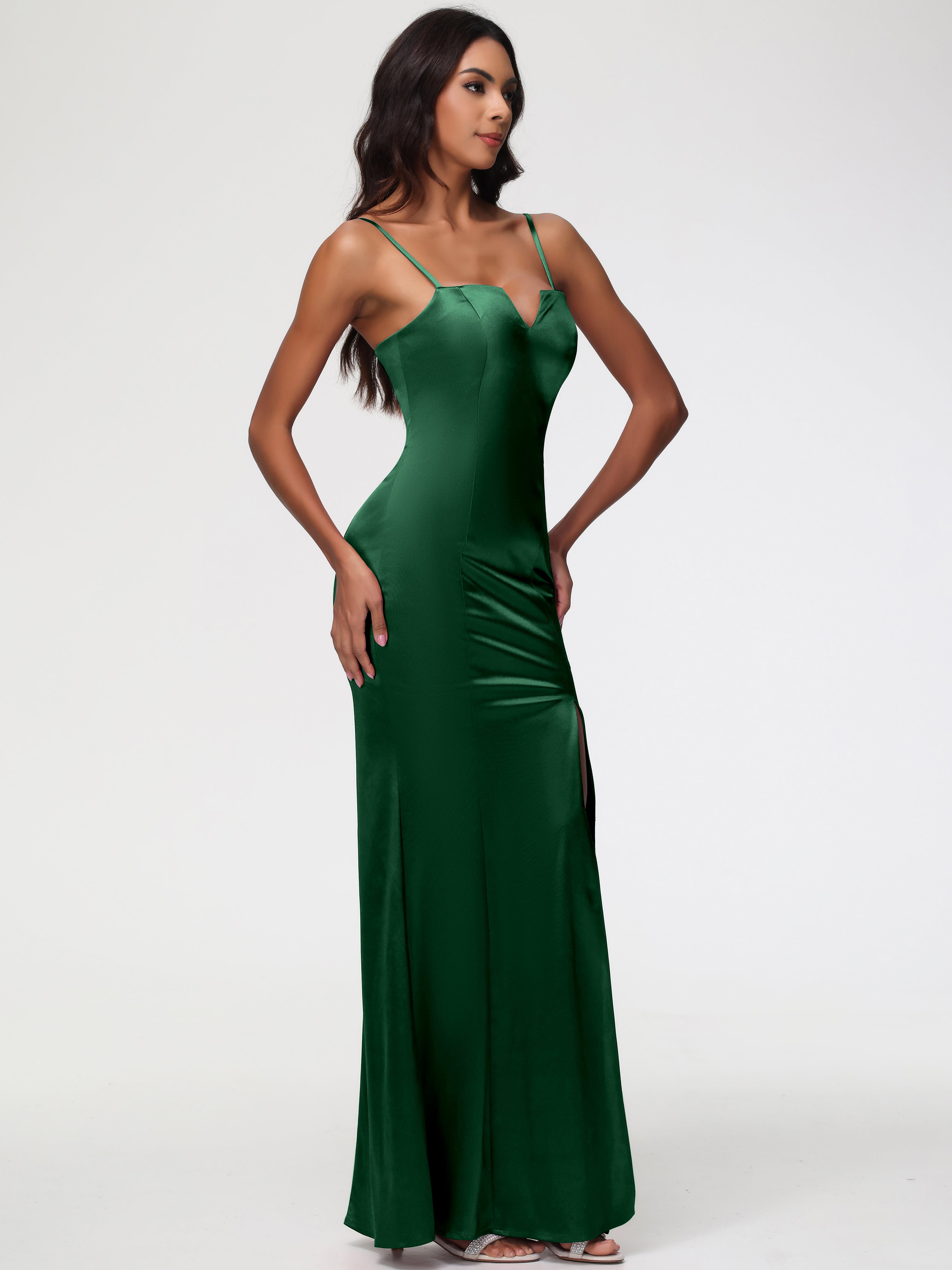 Robes De Demoiselle D'Honneur Vert Foncé Cache Coeur Satin Extensible Robe Fourreau Demoiselle D'Honneur