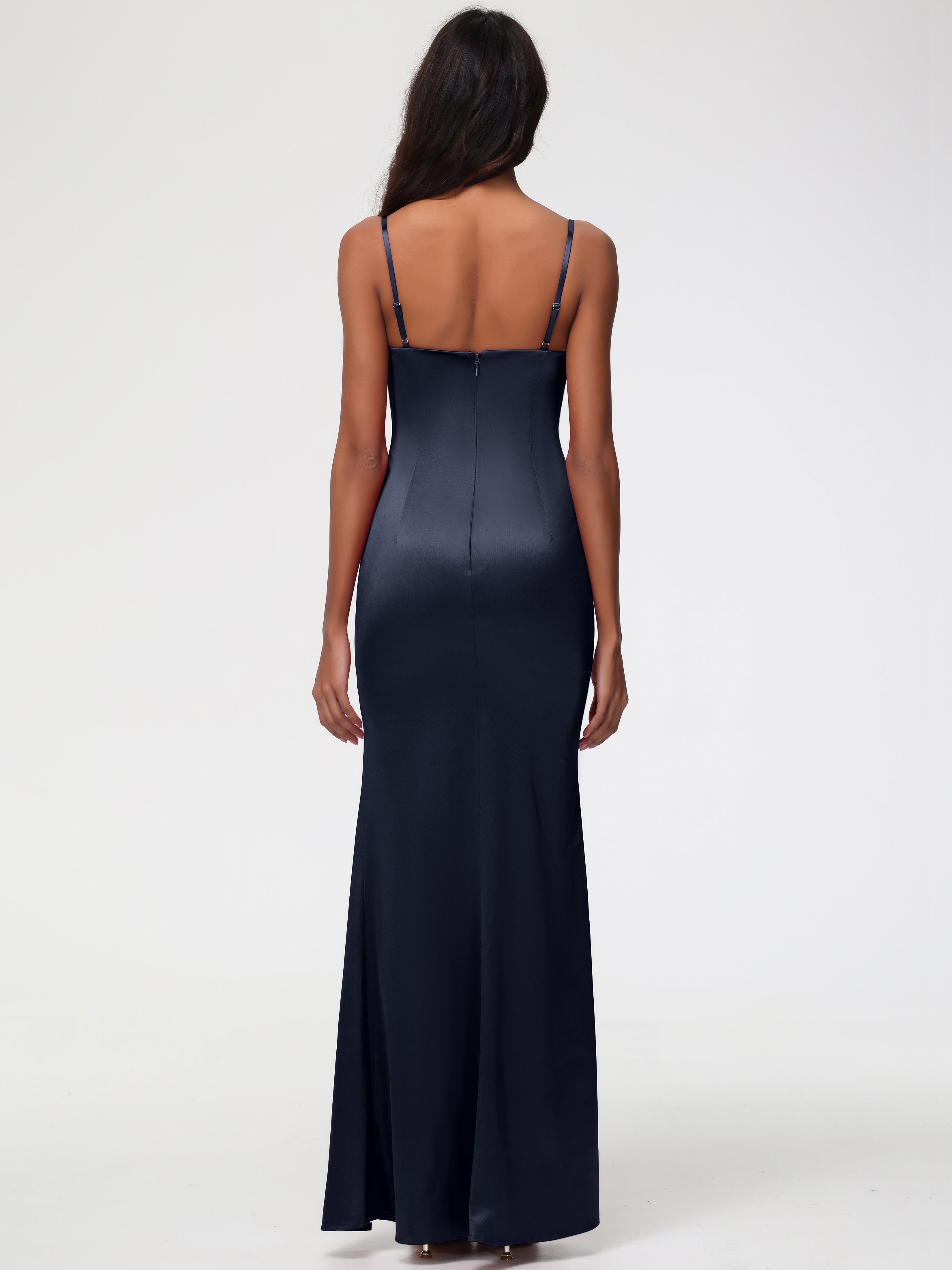 Robes De Demoiselle D'Honneur Bleu Marine Foncé Cache Coeur Satin Extensible Robe Fourreau Demoiselle D'Honneur