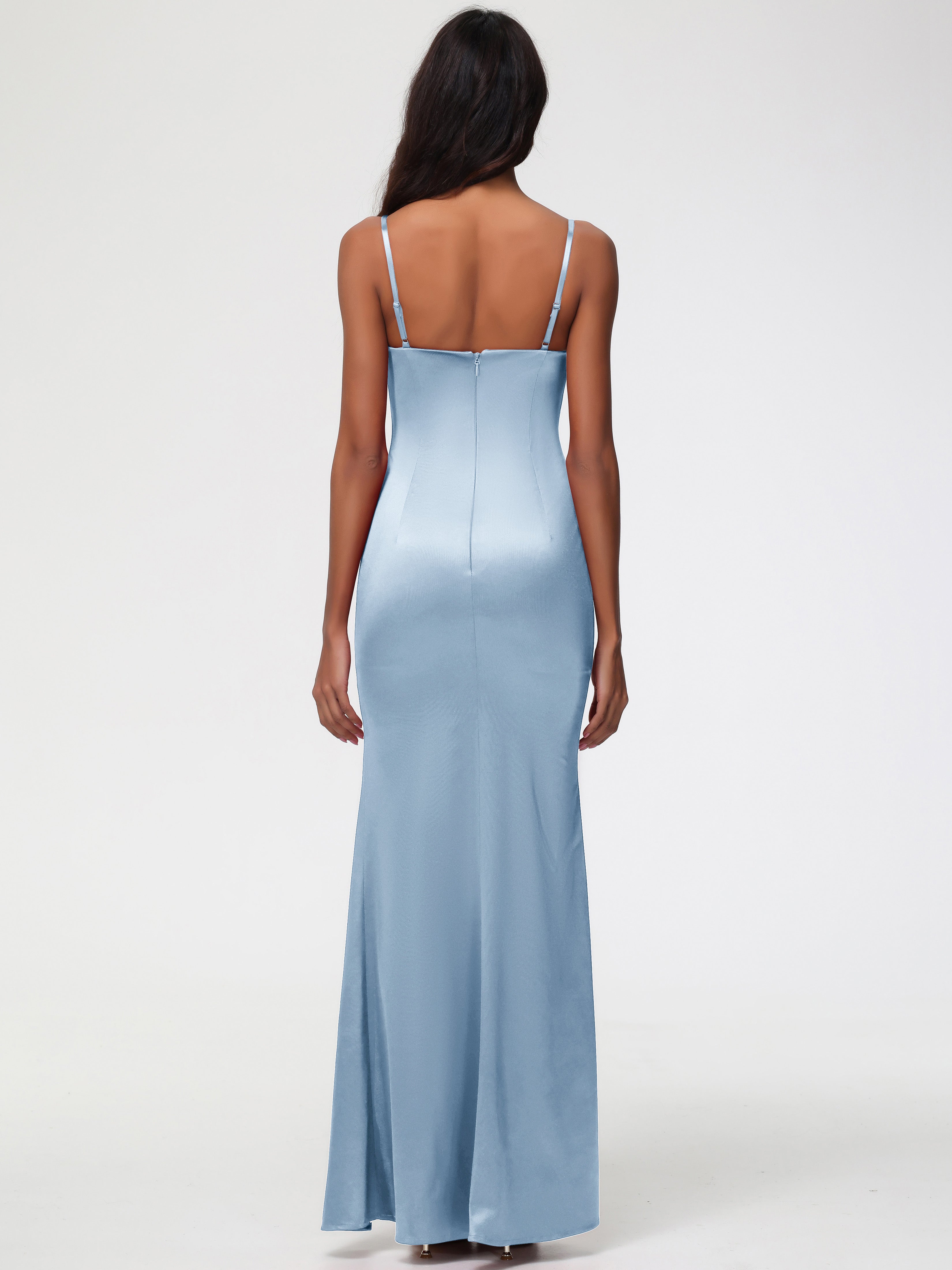 Robes De Demoiselle D'Honneur Bleu Gris Cache Coeur Satin Extensible Robe Fourreau Demoiselle D'Honneur