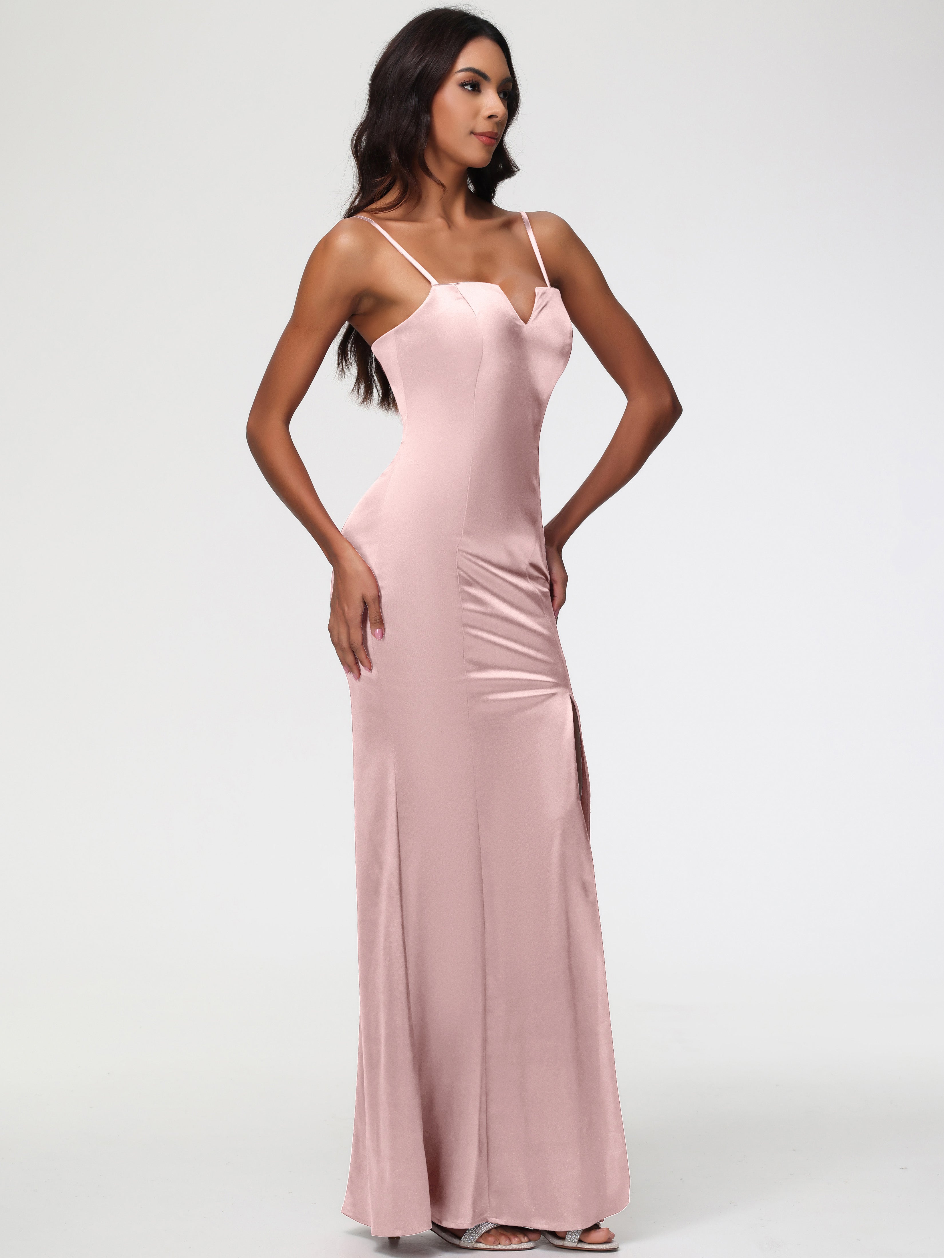 Robe Rose Poudre Demoiselle D Honneur Cache Coeur Satin Extensible Robe Fourreau Demoiselle D'Honneur