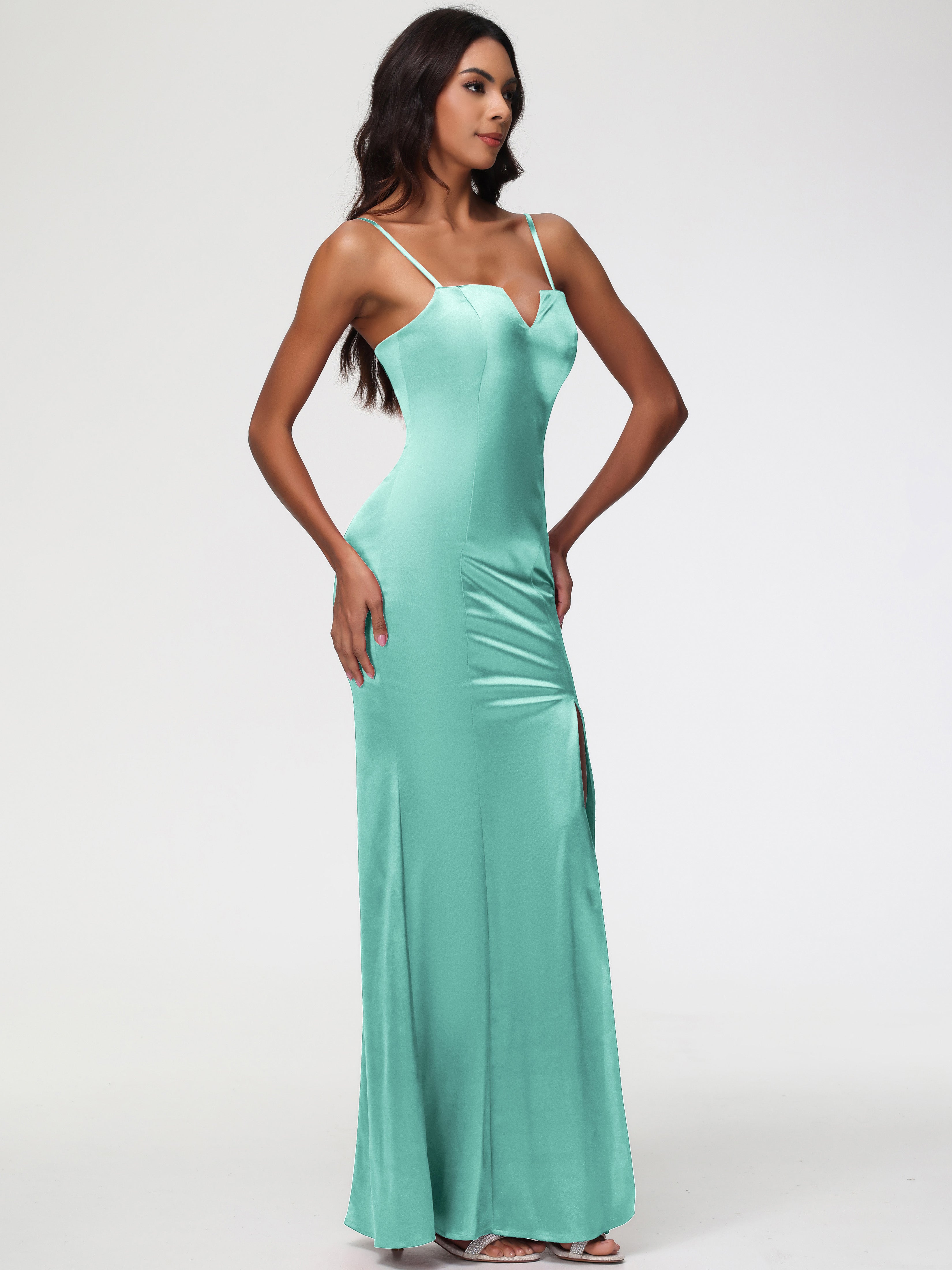 Robe Demoiselle D Honneur Vert Menthe Cache Coeur Satin Extensible Robe Fourreau Demoiselle D'Honneur
