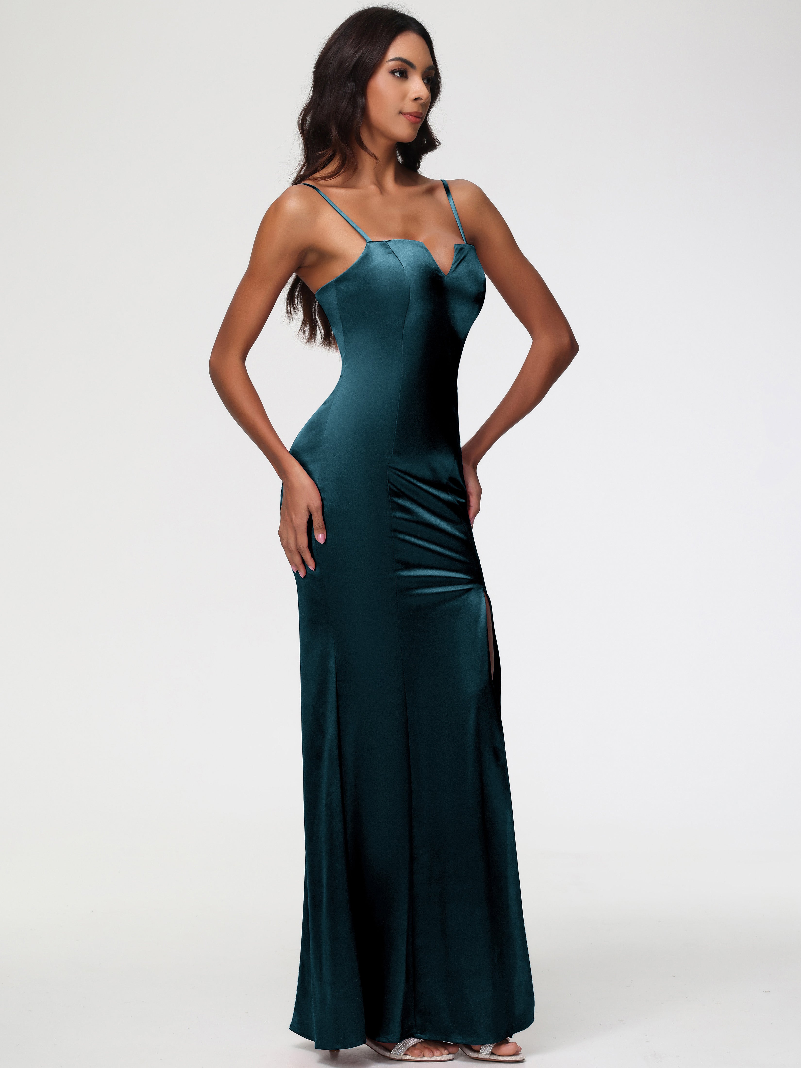 Robe De Demoiselle D'Honneur De Paon Au Sol Cache Coeur Satin Extensible Robe Fourreau Demoiselle D'Honneur