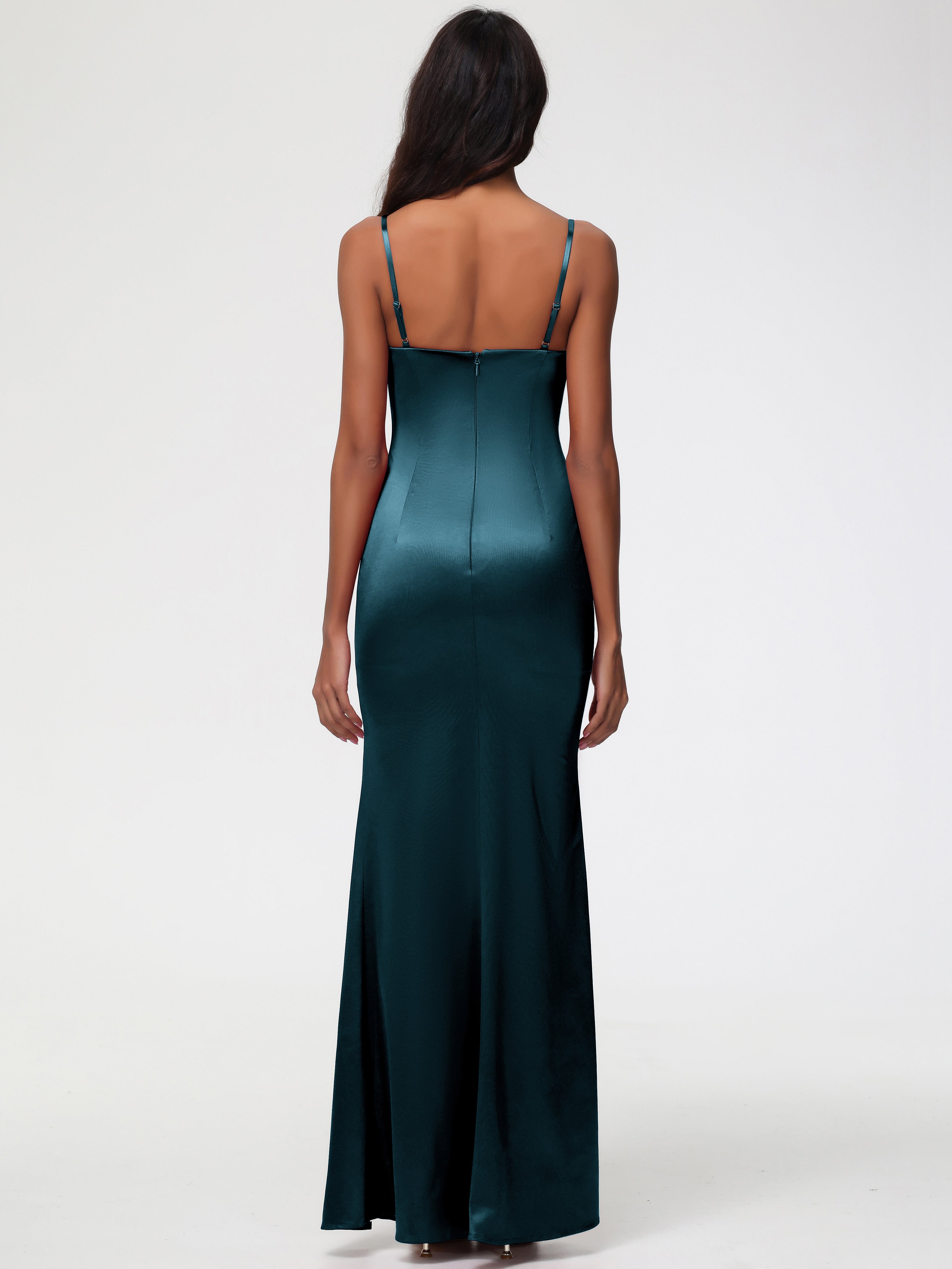 Robe De Demoiselle D'Honneur De Paon Au Sol Cache Coeur Satin Extensible Robe Fourreau Demoiselle D'Honneur