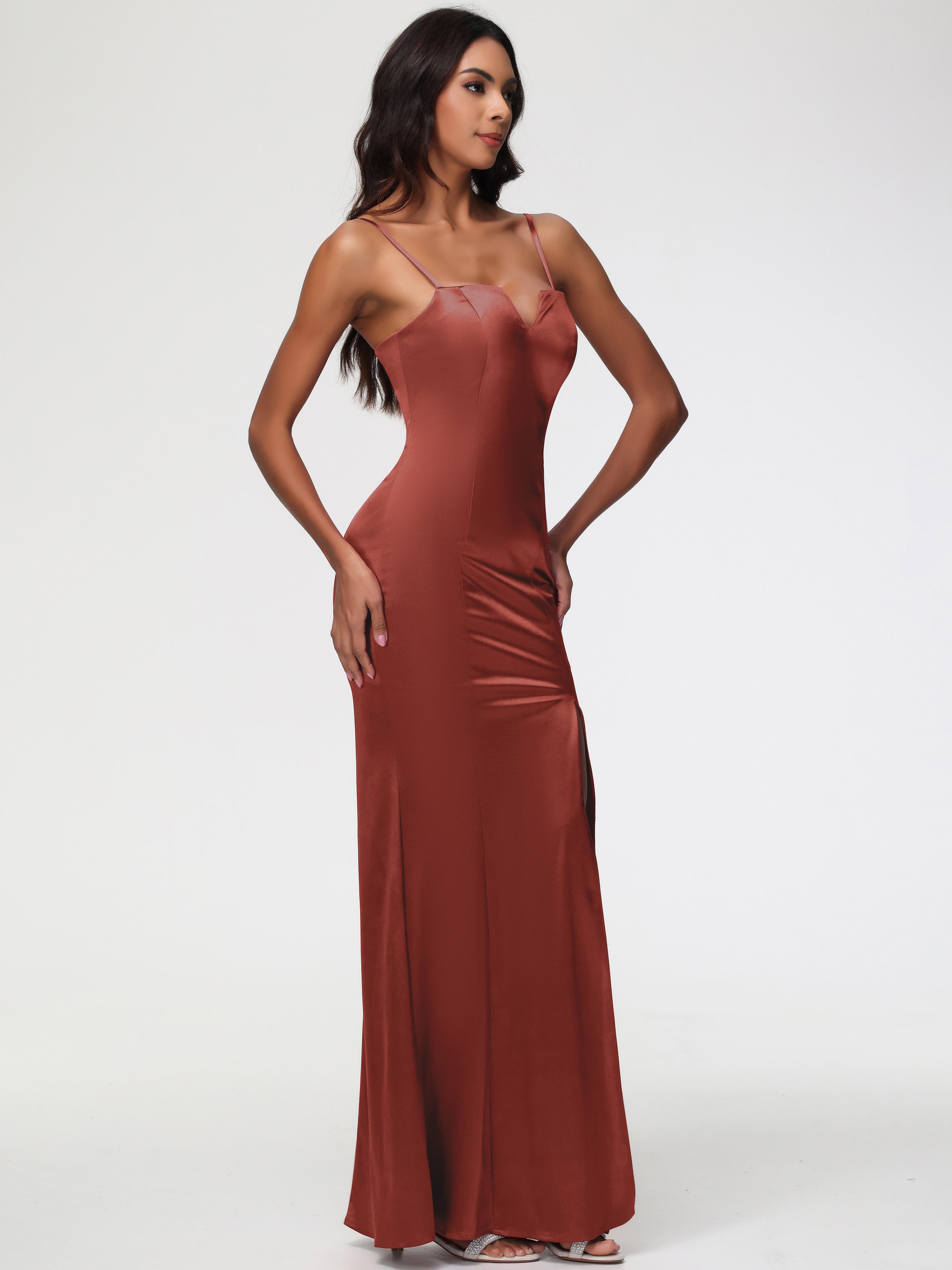 Demoiselle D'Honneur De Rouille Cache Coeur Satin Extensible Robe Fourreau Demoiselle D'Honneur