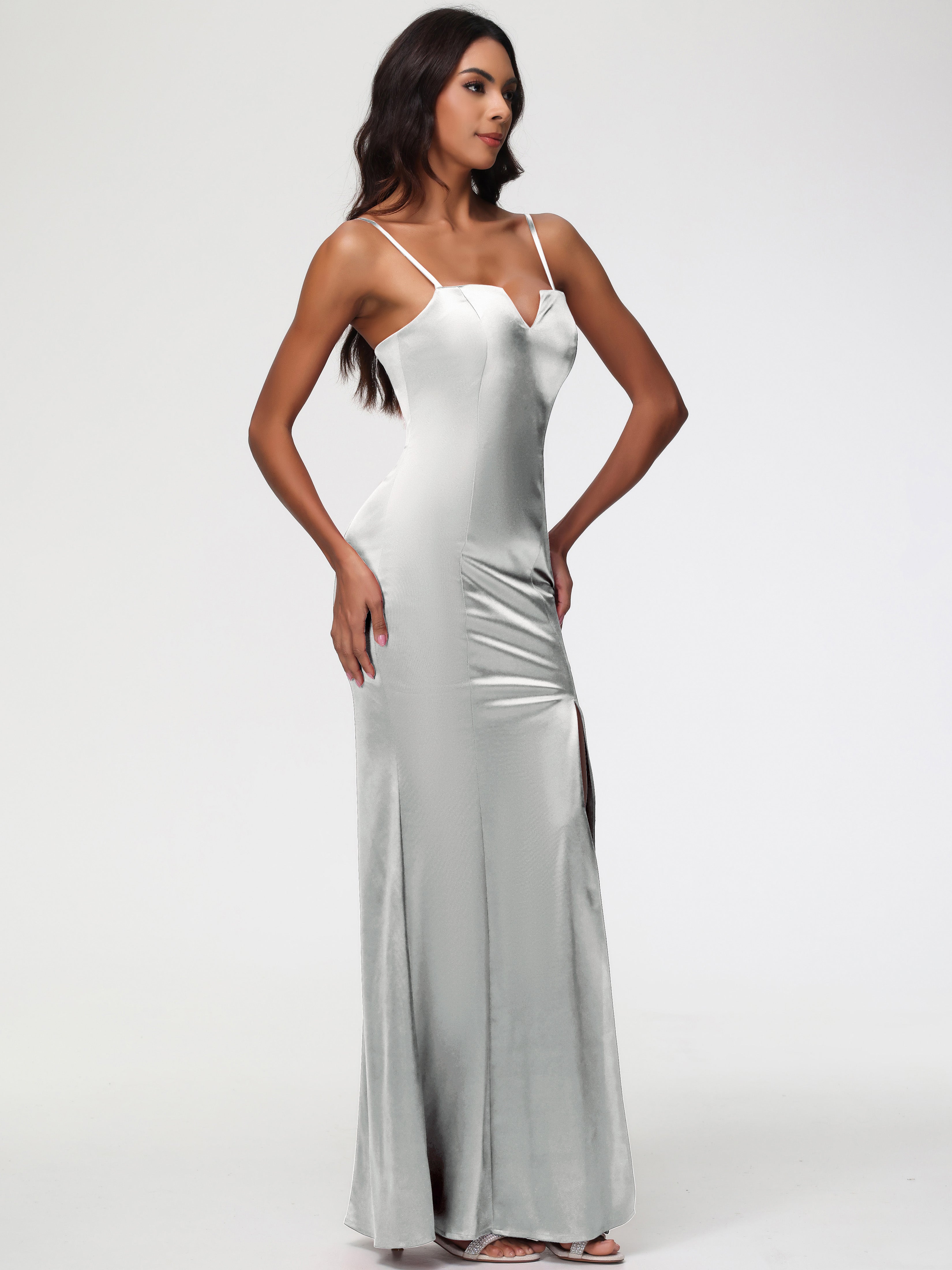 Robe Demoiselle D Honneur Argenté Cache Coeur Satin Extensible Robe Fourreau Demoiselle D'Honneur