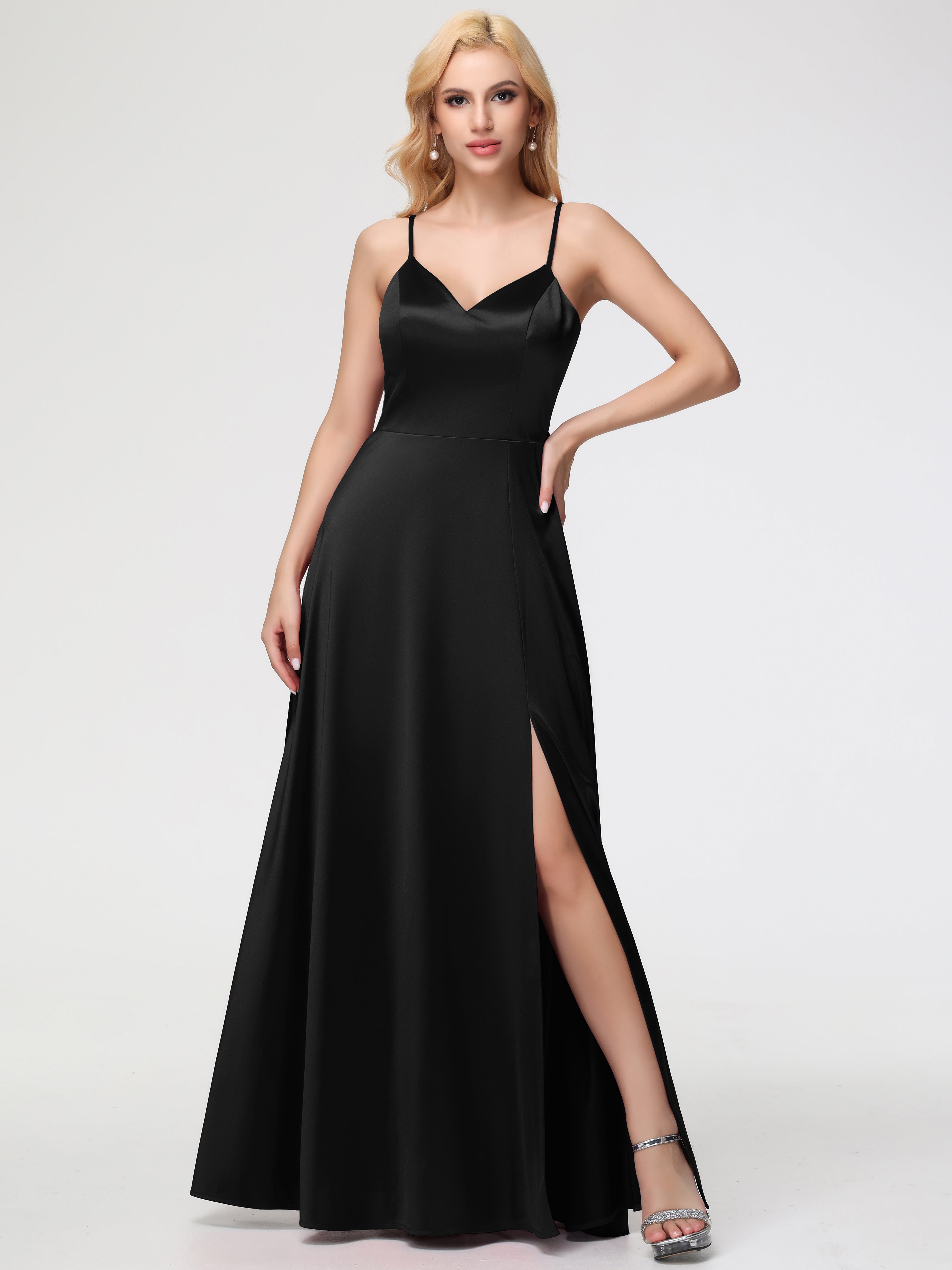 Longues Robes De Demoiselle D'Honneur Noires Col V Trapèze Fendue Satin Extensible Robe De Demoiselle D'Honneur Robe à Lacets