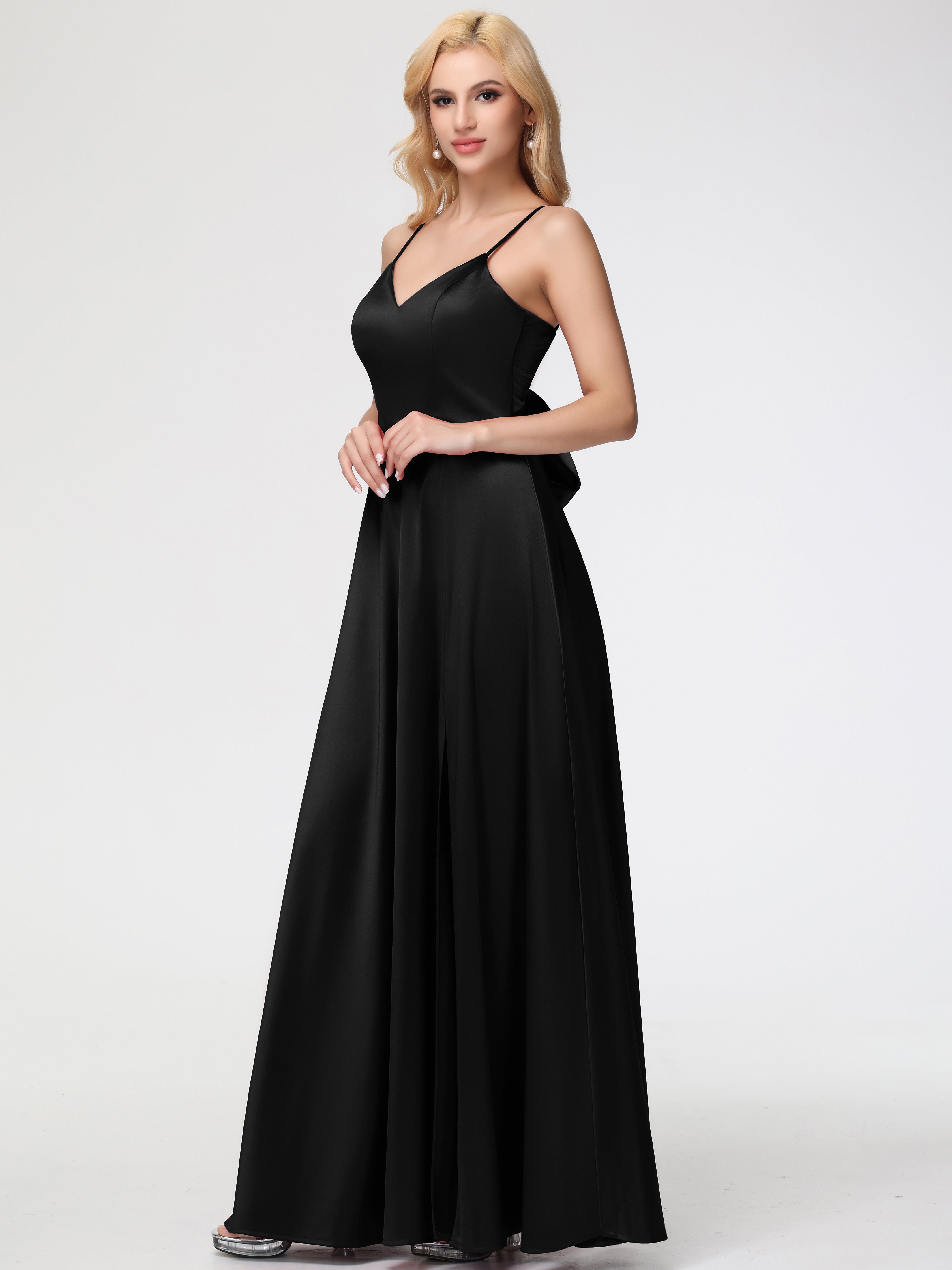 Longues Robes De Demoiselle D'Honneur Noires Col V Trapèze Fendue Satin Extensible Robe De Demoiselle D'Honneur Robe à Lacets
