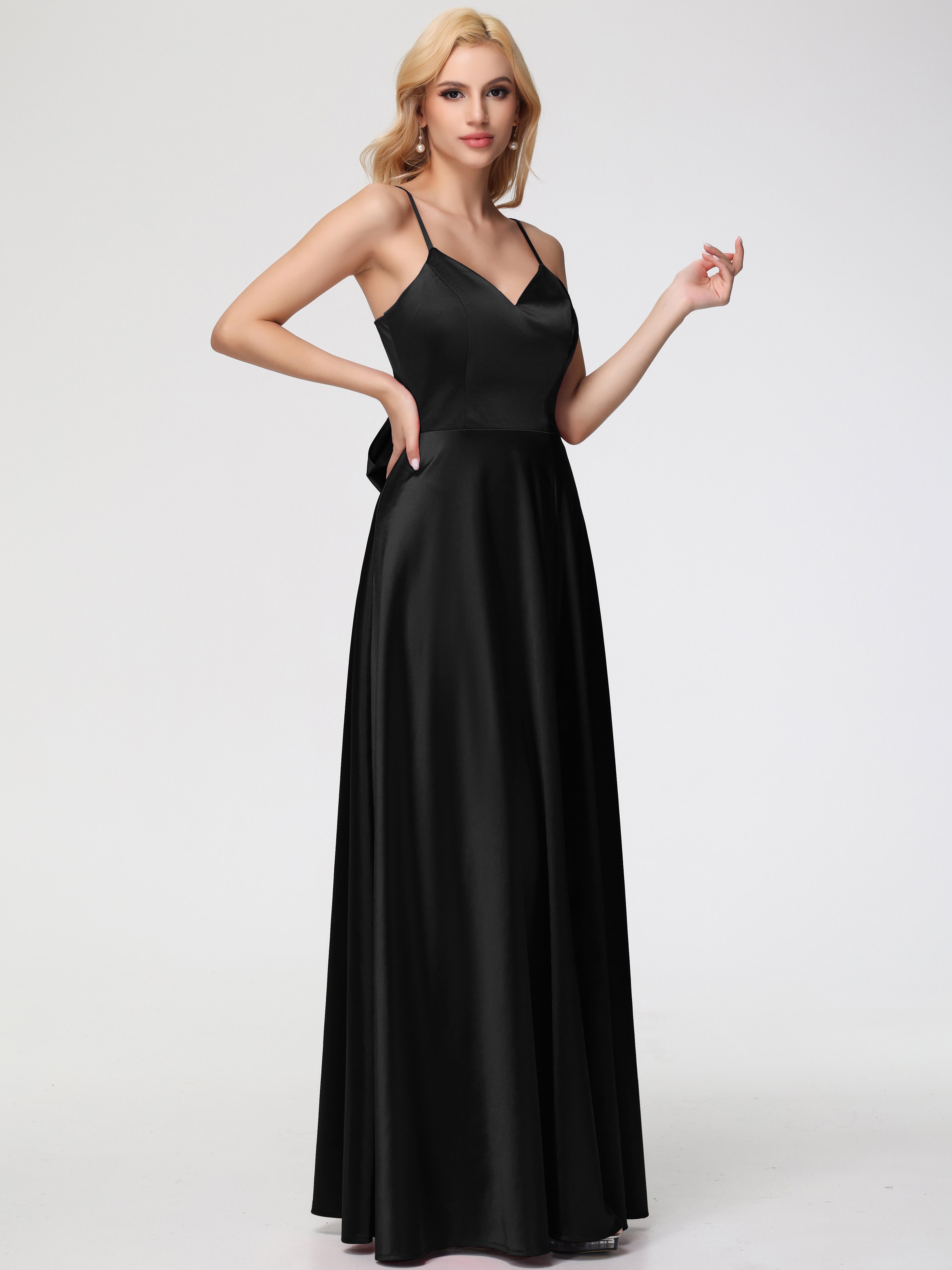 Longues Robes De Demoiselle D'Honneur Noires Col V Trapèze Fendue Satin Extensible Robe De Demoiselle D'Honneur Robe à Lacets