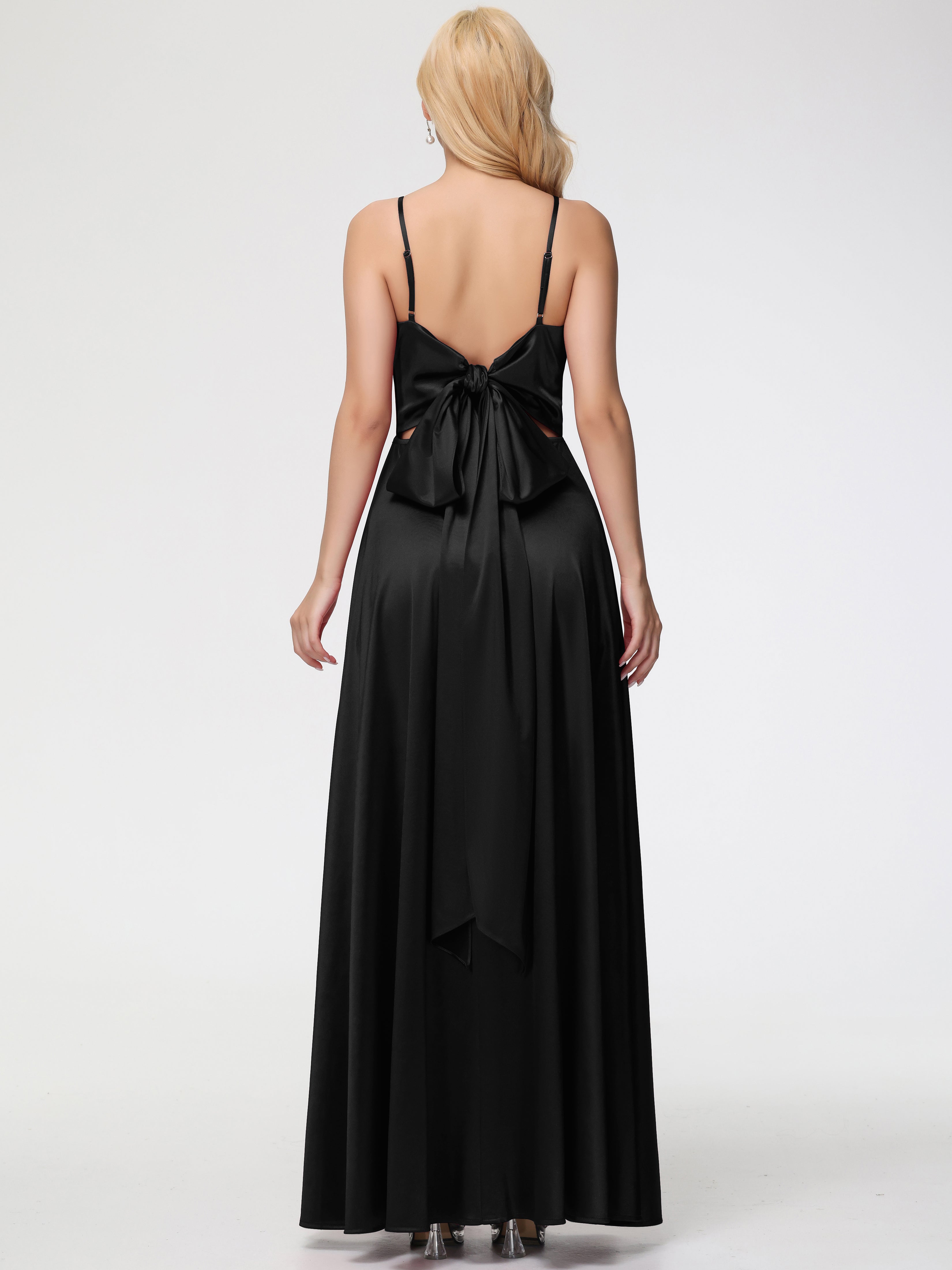 Longues Robes De Demoiselle D'Honneur Noires Col V Trapèze Fendue Satin Extensible Robe De Demoiselle D'Honneur Robe à Lacets