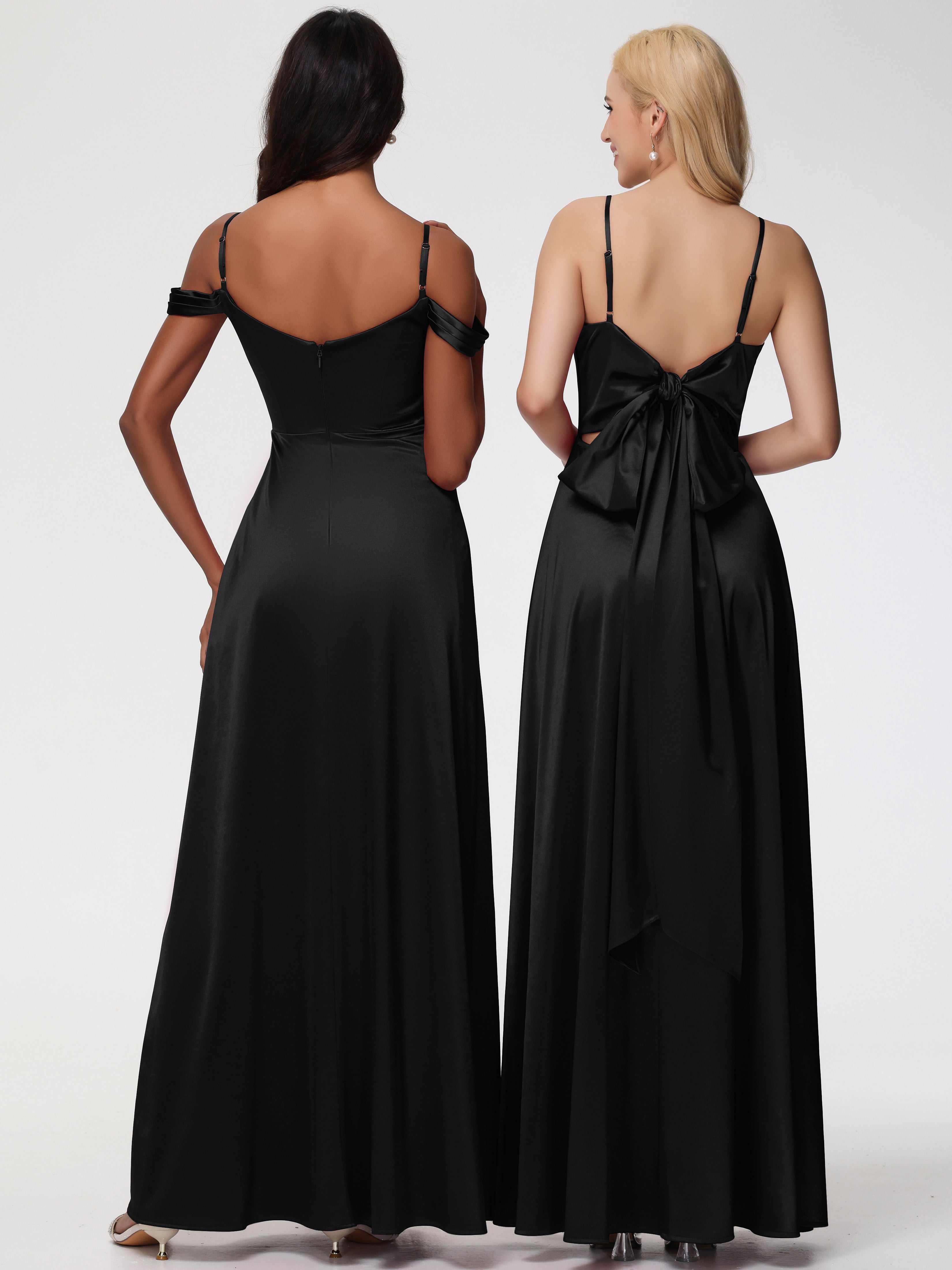 Longues Robes De Demoiselle D'Honneur Noires Col V Trapèze Fendue Satin Extensible Robe De Demoiselle D'Honneur Robe à Lacets