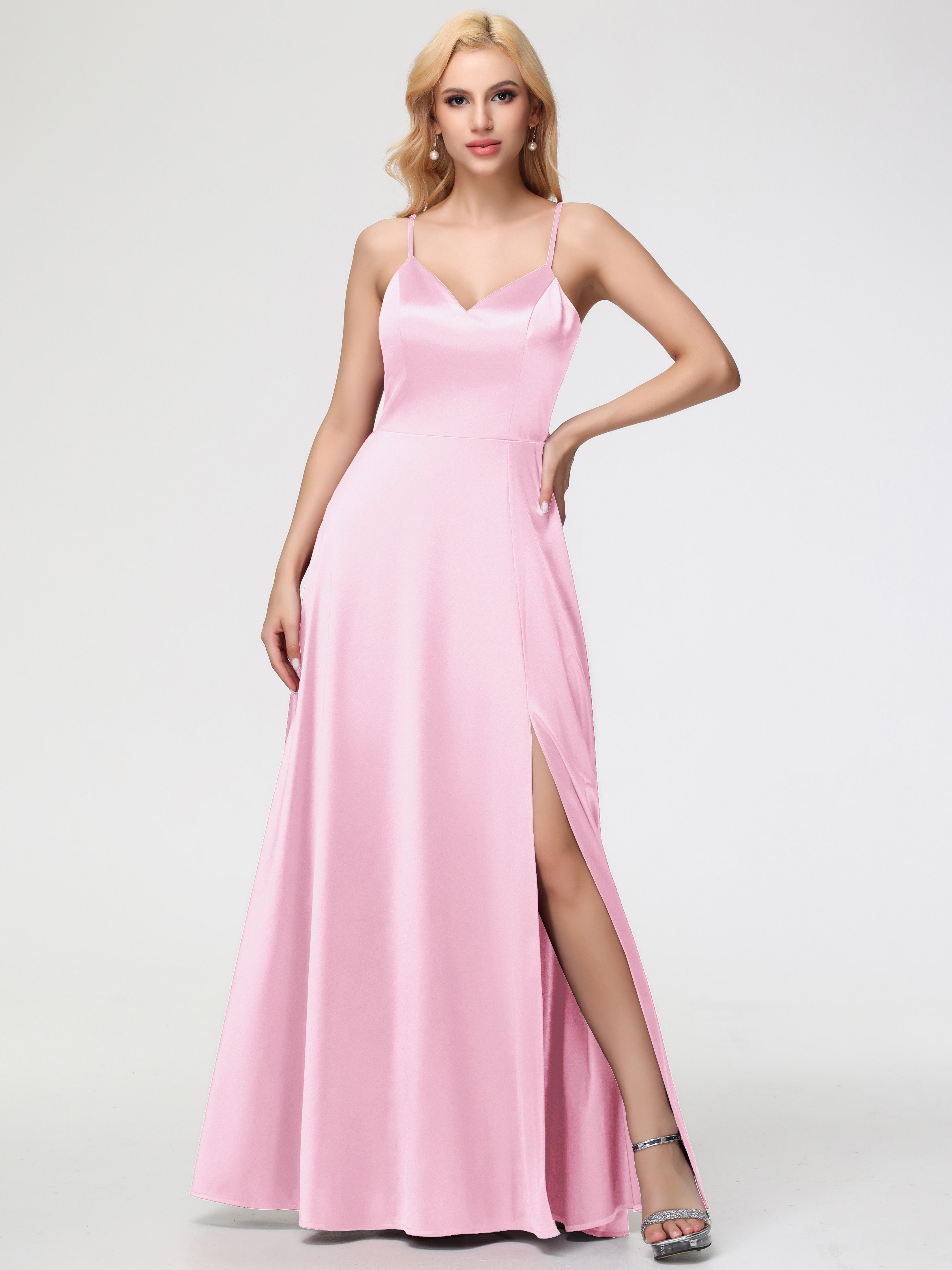 Robe Demoiselle Honneur ROSE PÂLE Col V Trapèze Fendue Satin Extensible Robe De Demoiselle D'Honneur Robe à Lacets