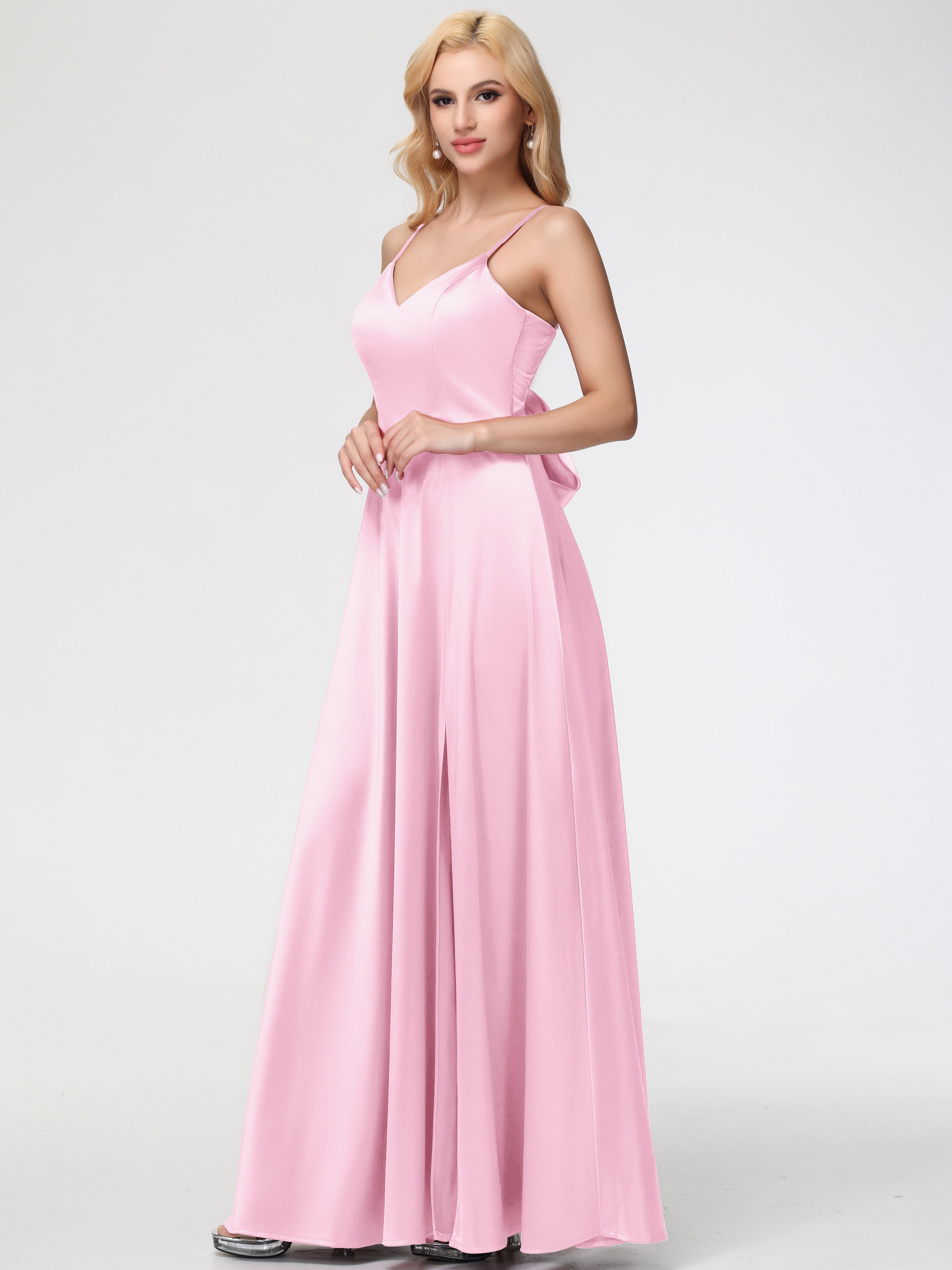 Robe Demoiselle Honneur ROSE PÂLE Col V Trapèze Fendue Satin Extensible Robe De Demoiselle D'Honneur Robe à Lacets