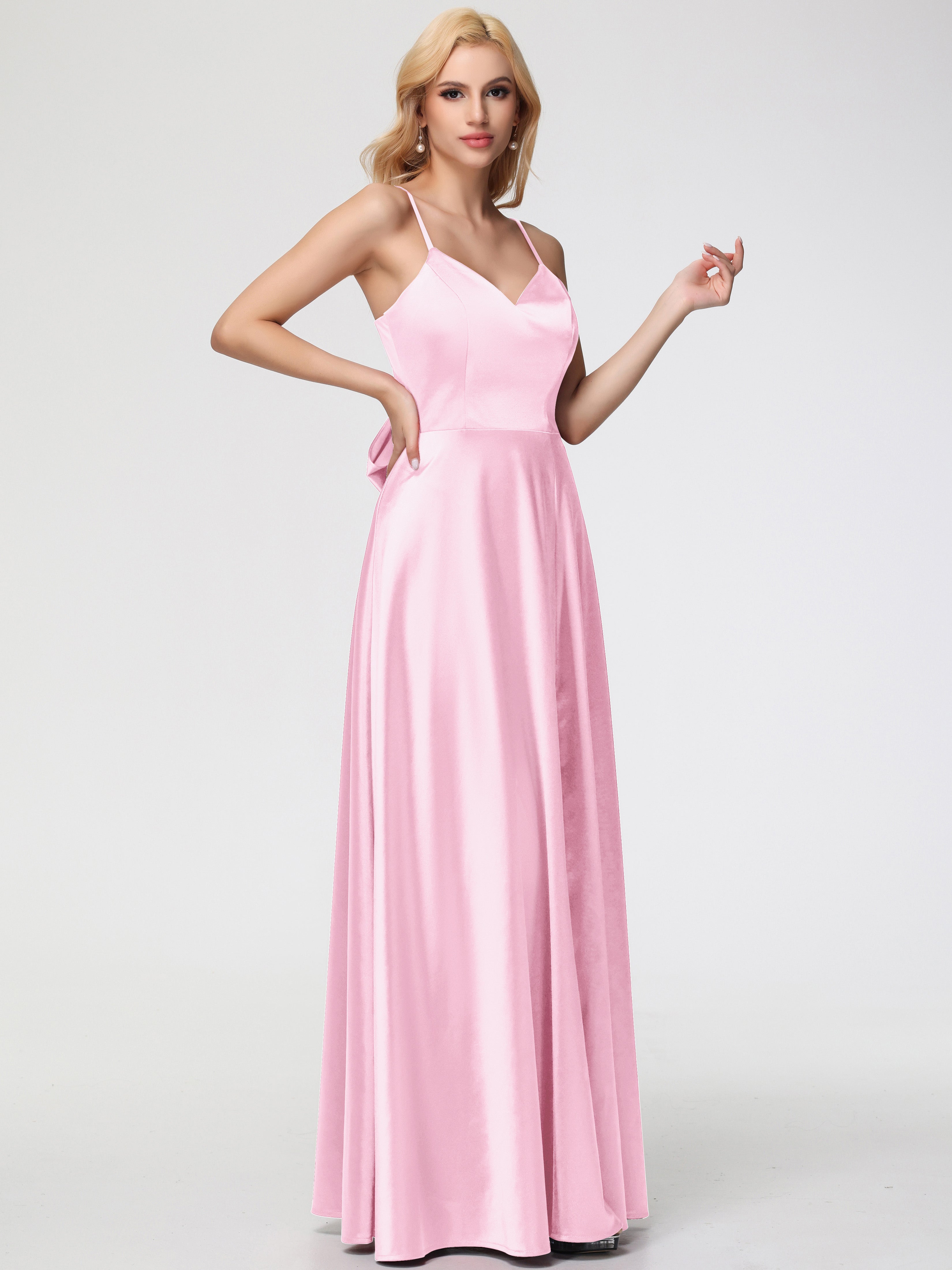 Robe Demoiselle Honneur ROSE PÂLE Col V Trapèze Fendue Satin Extensible Robe De Demoiselle D'Honneur Robe à Lacets