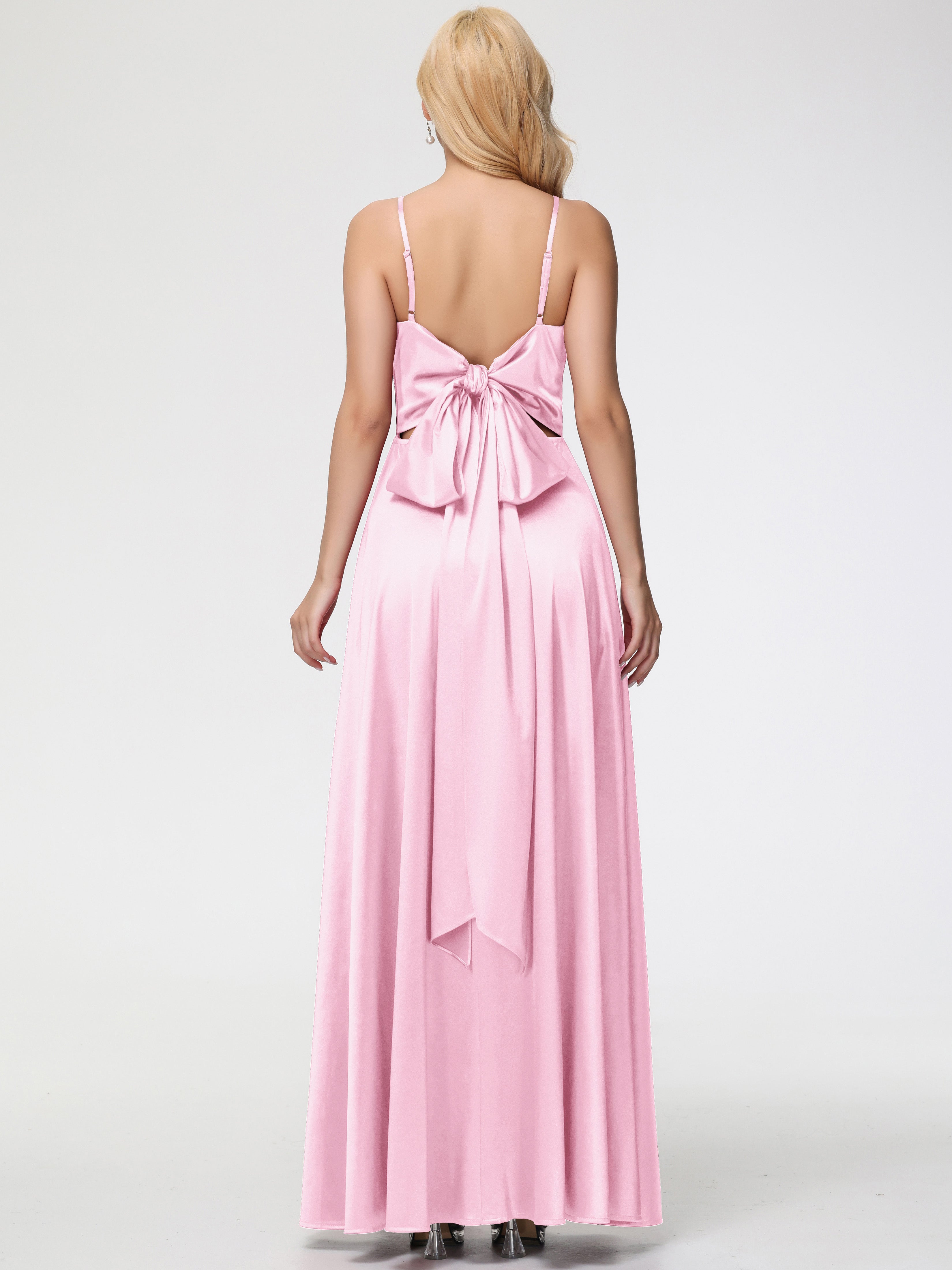Robe Demoiselle Honneur ROSE PÂLE Col V Trapèze Fendue Satin Extensible Robe De Demoiselle D'Honneur Robe à Lacets