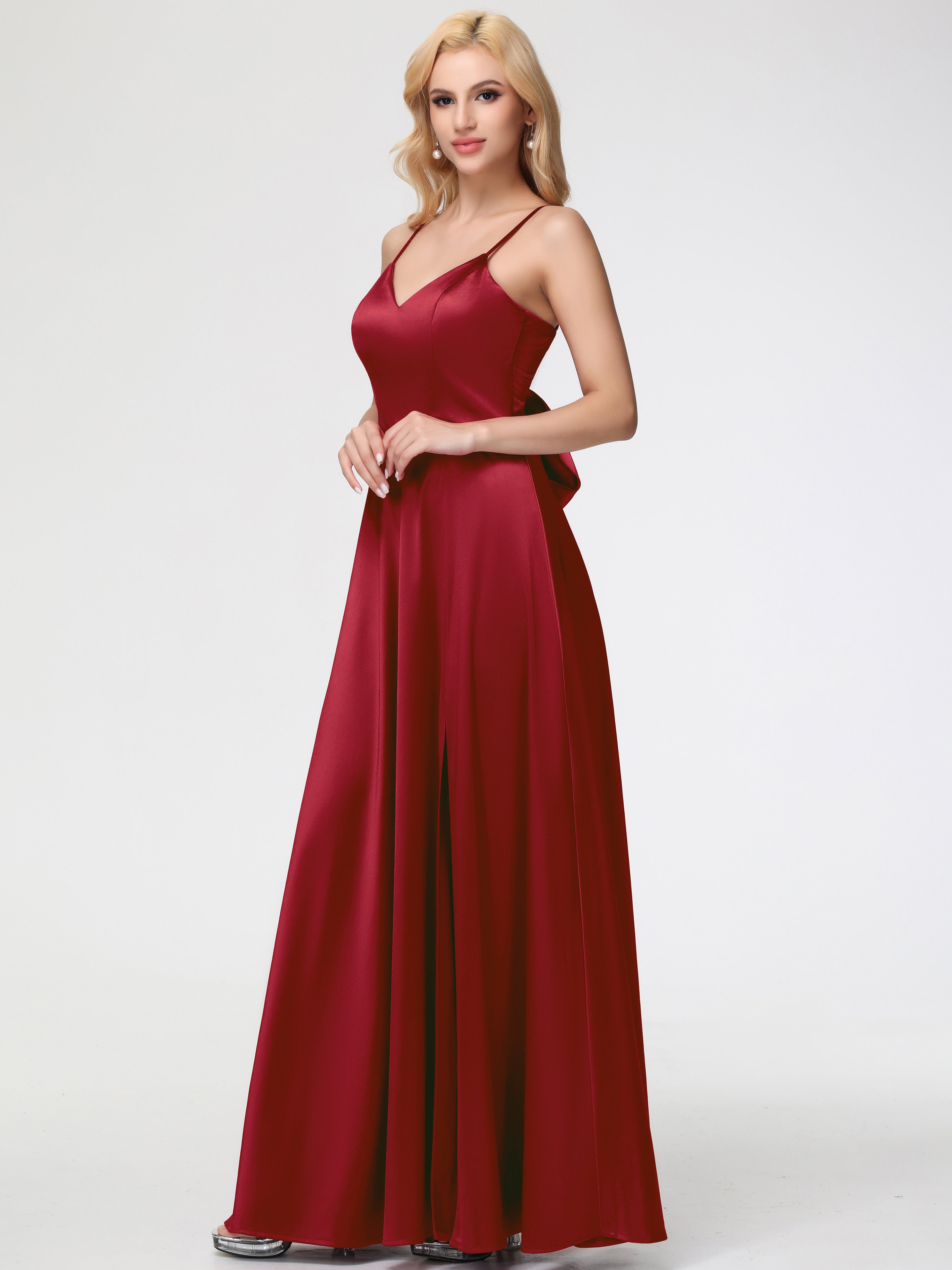 Robe Rouge Bordeaux Demoiselle D Honneur Col V Trapèze Fendue Satin Extensible Robe De Demoiselle D'Honneur Robe à Lacets