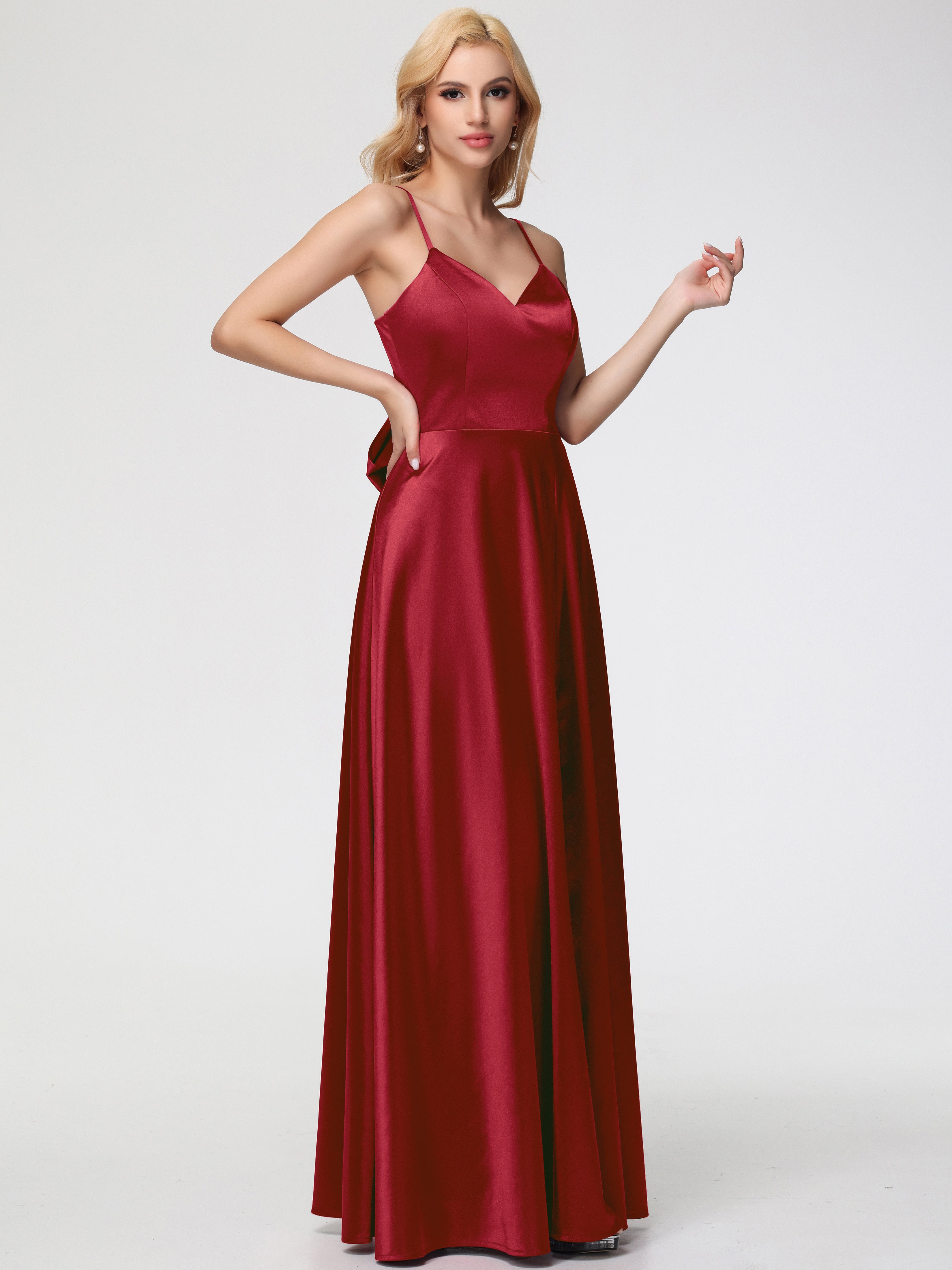 Robe Rouge Bordeaux Demoiselle D Honneur Col V Trapèze Fendue Satin Extensible Robe De Demoiselle D'Honneur Robe à Lacets