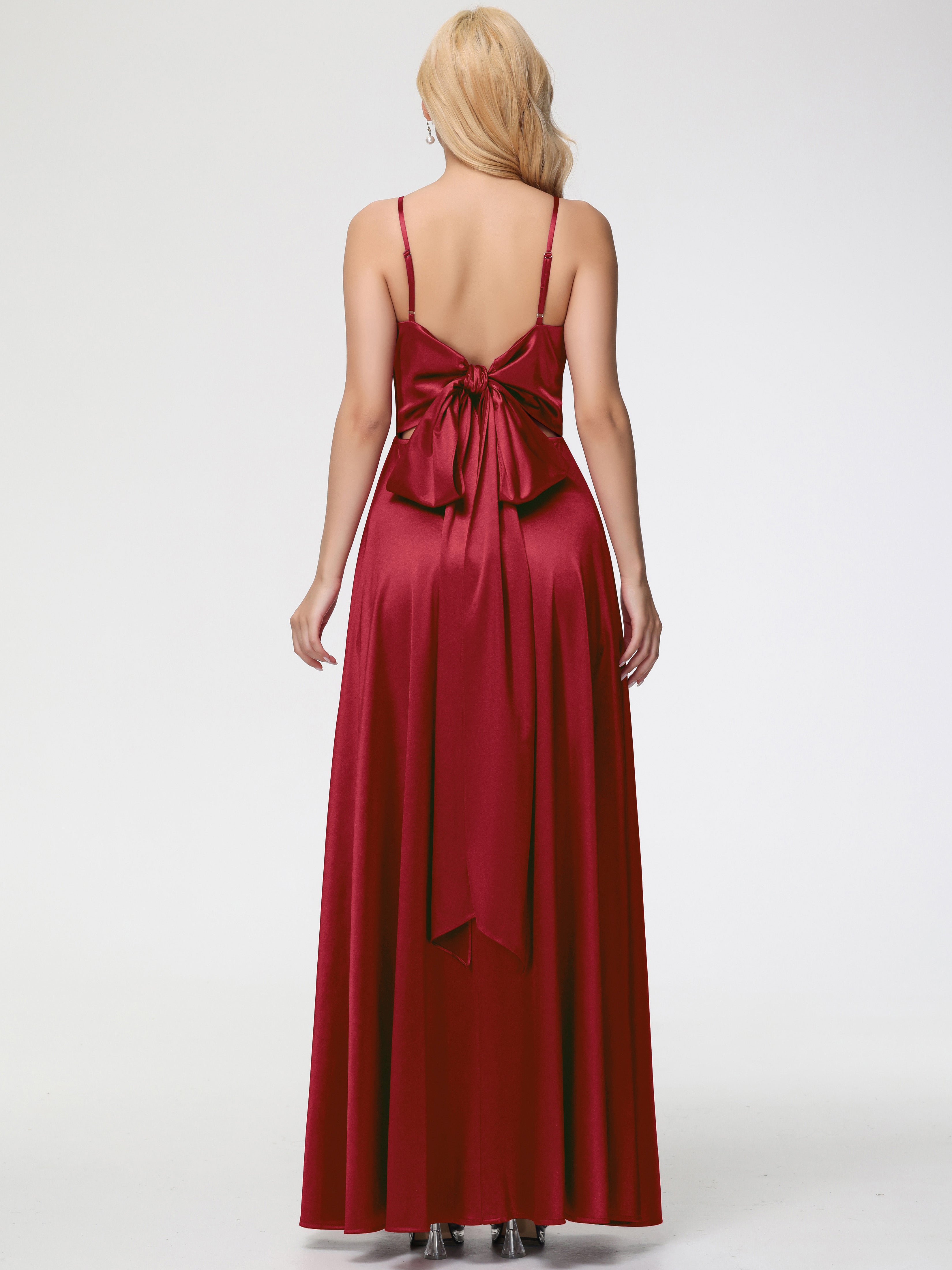 Robe Rouge Bordeaux Demoiselle D Honneur Col V Trapèze Fendue Satin Extensible Robe De Demoiselle D'Honneur Robe à Lacets