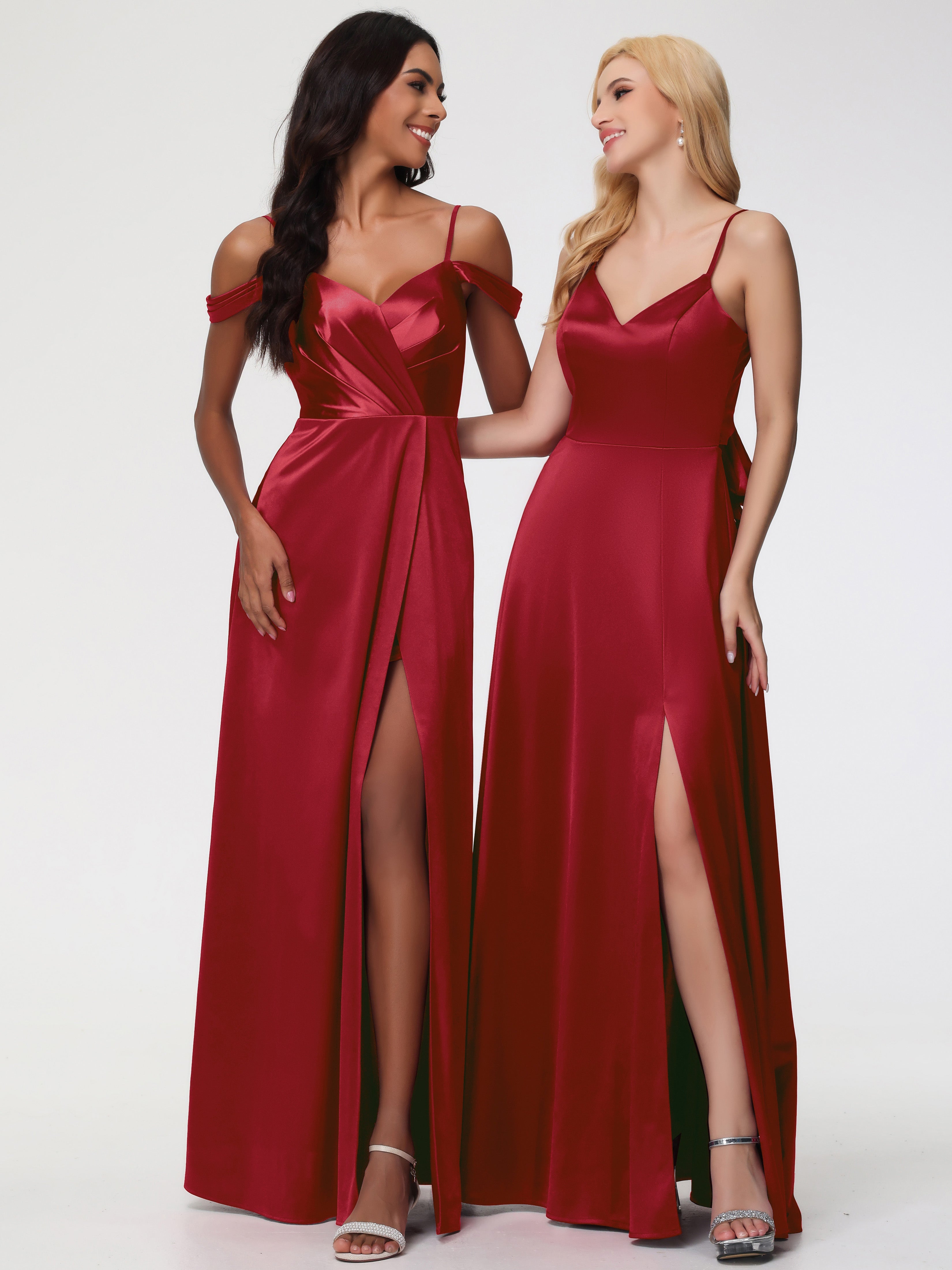 Robe Rouge Bordeaux Demoiselle D Honneur Col V Trapèze Fendue Satin Extensible Robe De Demoiselle D'Honneur Robe à Lacets