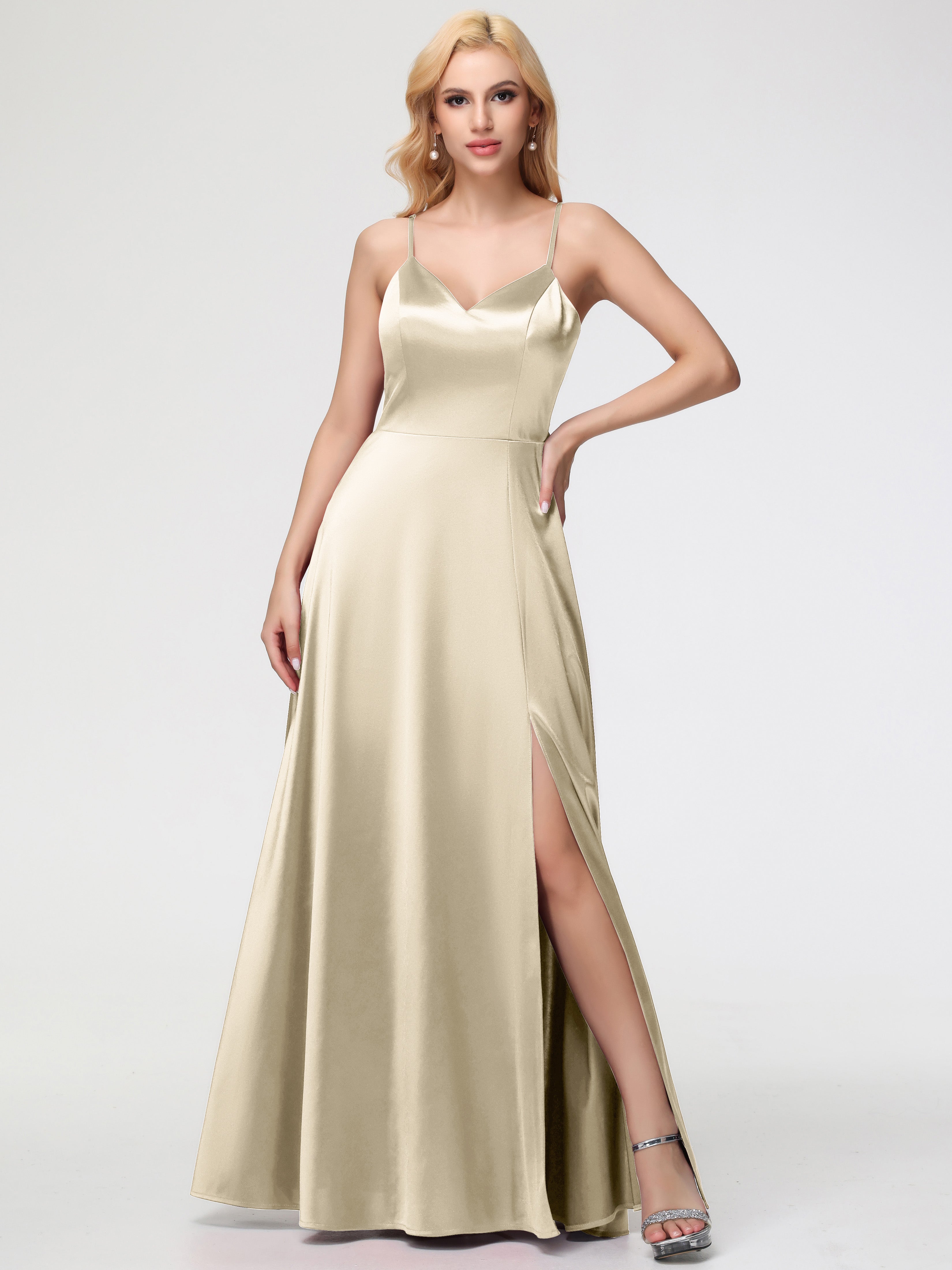 Demoiselle Dhonneur Robe Champagne Col V Trapèze Fendue Satin Extensible Robe De Demoiselle D'Honneur Robe à Lacets