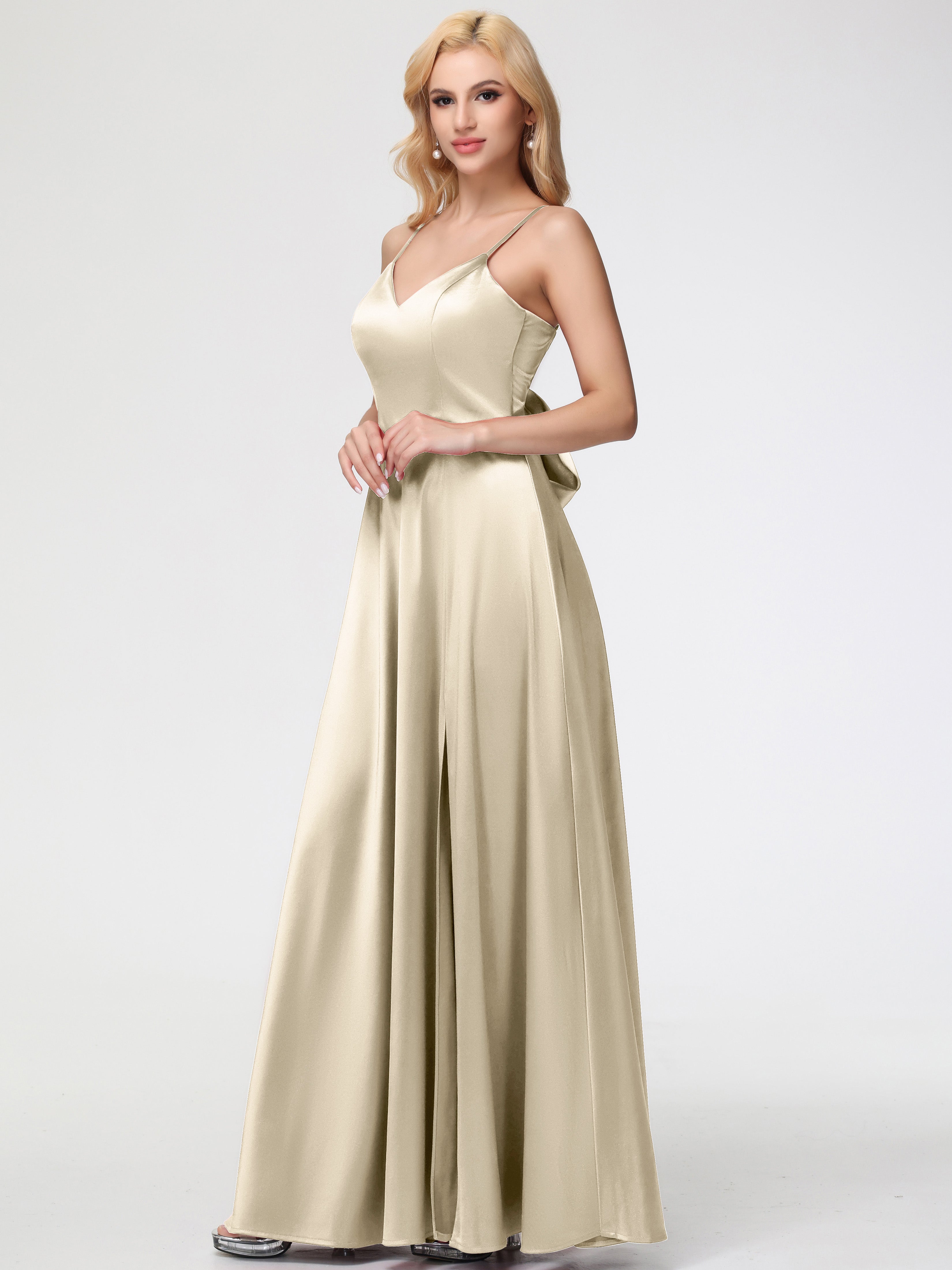 Demoiselle Dhonneur Robe Champagne Col V Trapèze Fendue Satin Extensible Robe De Demoiselle D'Honneur Robe à Lacets