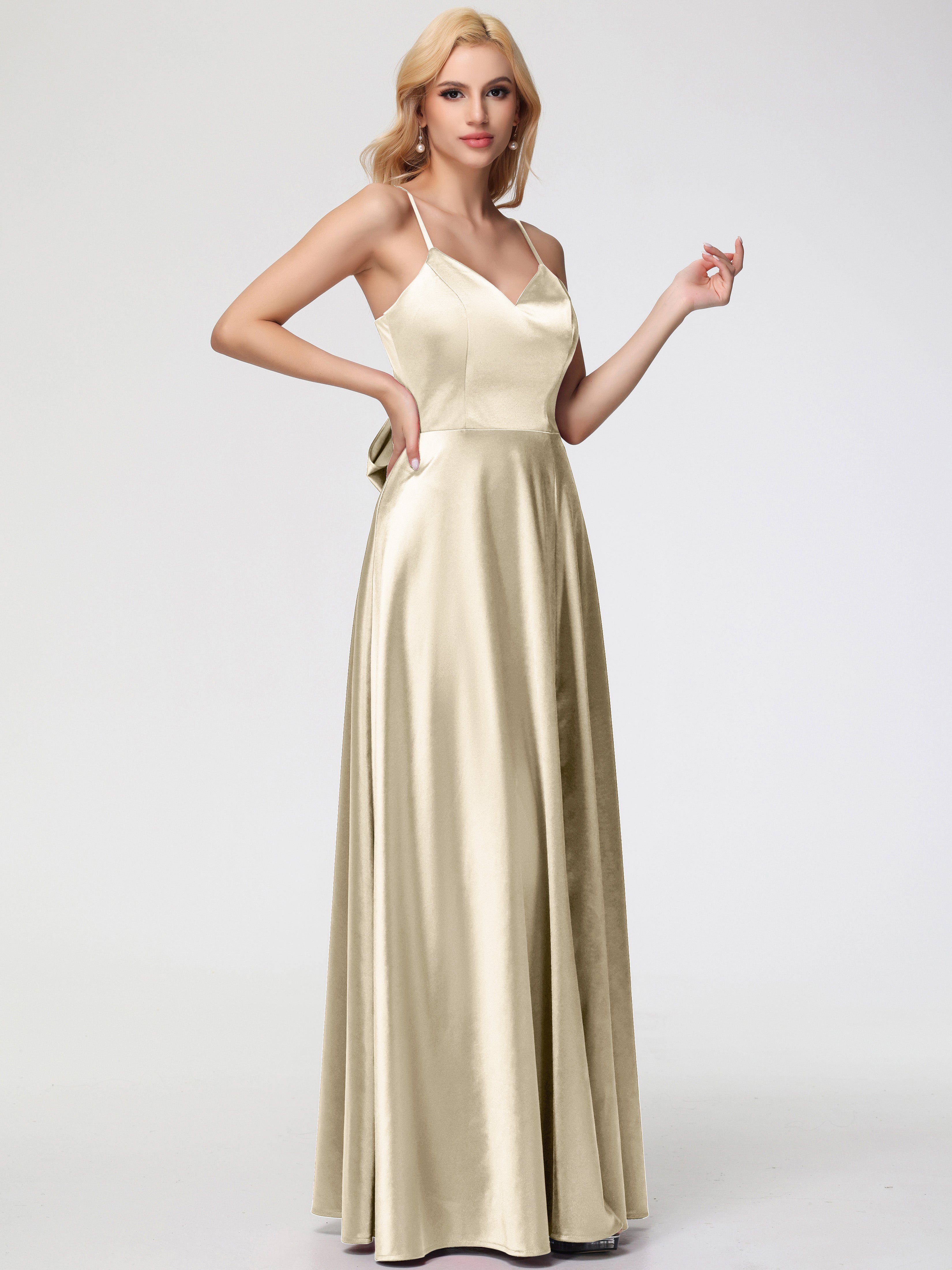 Demoiselle Dhonneur Robe Champagne Col V Trapèze Fendue Satin Extensible Robe De Demoiselle D'Honneur Robe à Lacets