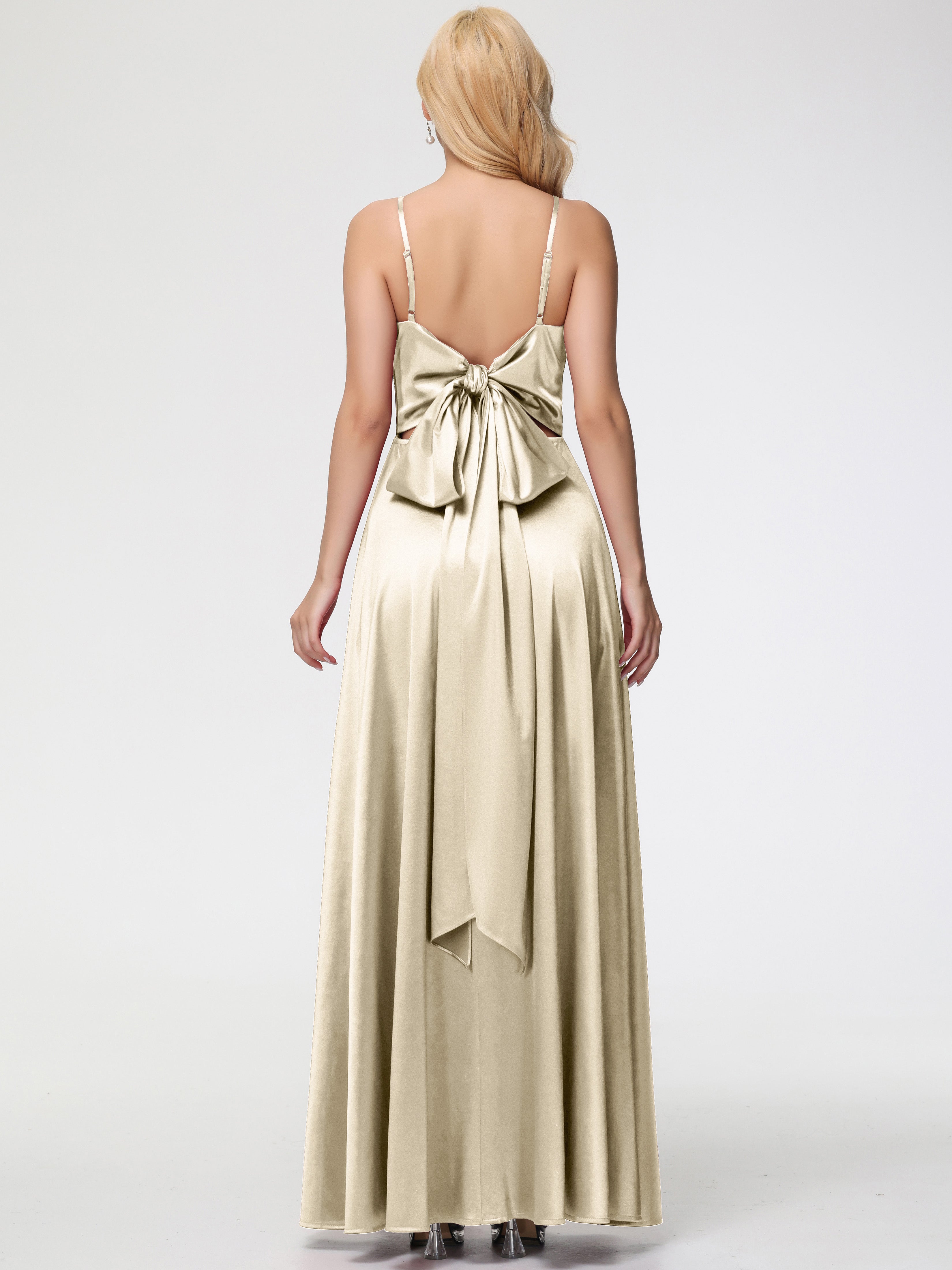 Demoiselle Dhonneur Robe Champagne Col V Trapèze Fendue Satin Extensible Robe De Demoiselle D'Honneur Robe à Lacets