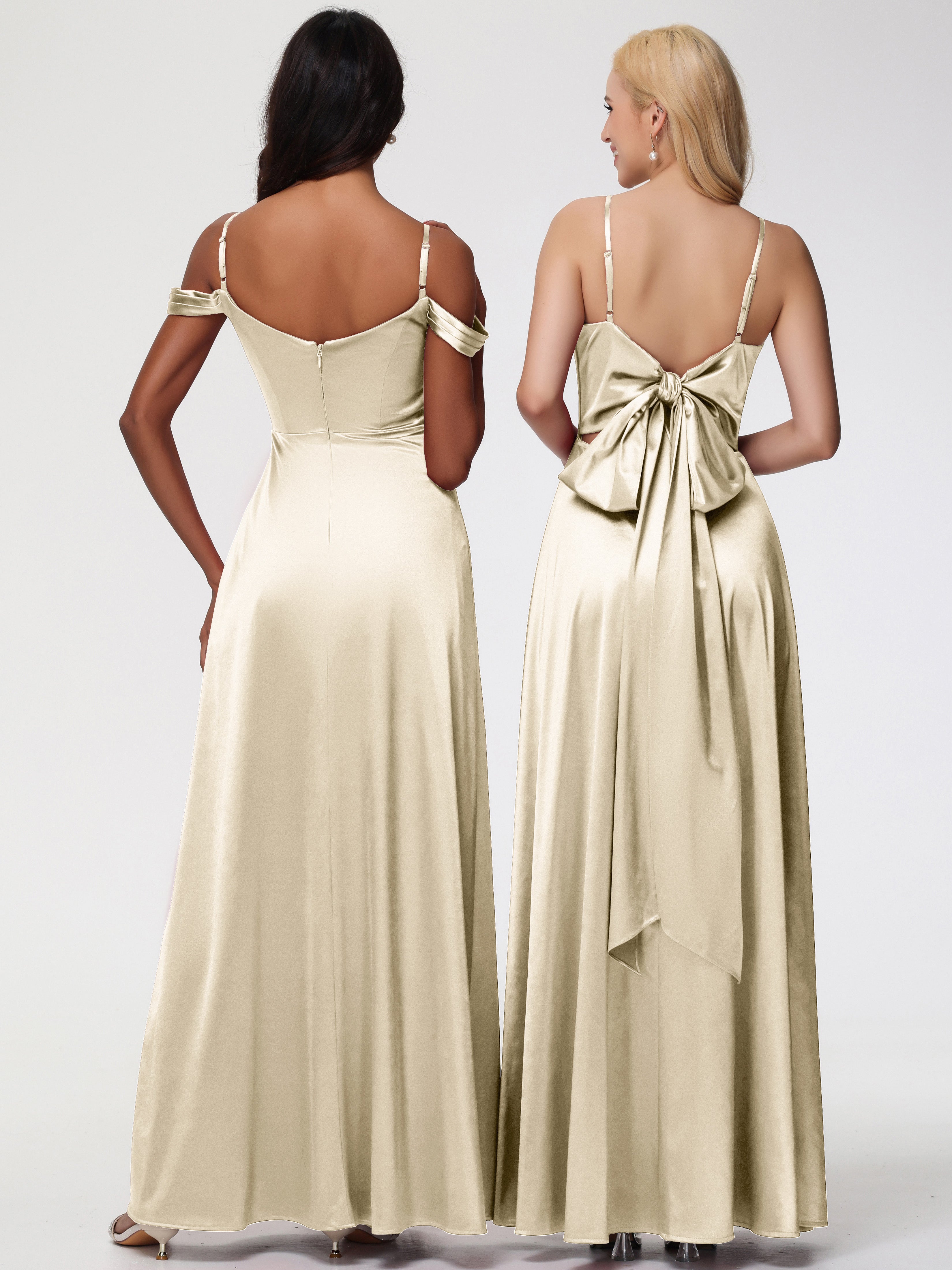 Demoiselle Dhonneur Robe Champagne Col V Trapèze Fendue Satin Extensible Robe De Demoiselle D'Honneur Robe à Lacets