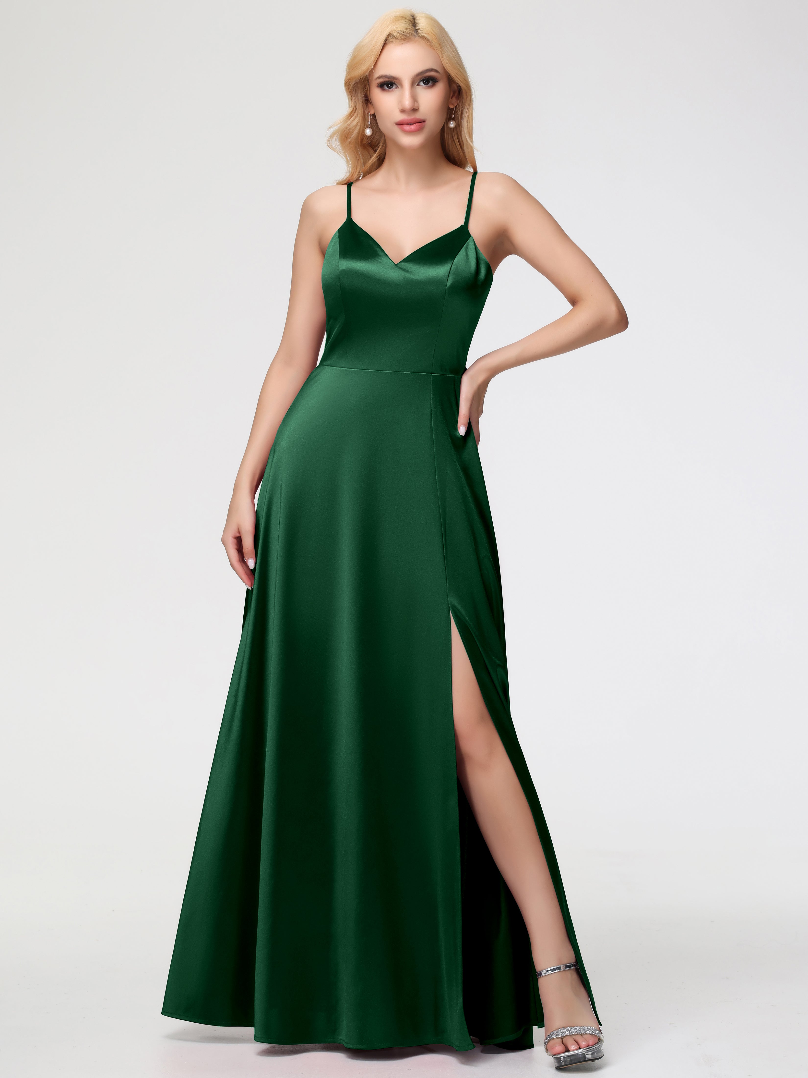 Robe Demoiselle D Honneur Vert Fonce Col V Trapèze Fendue Satin Extensible Robe De Demoiselle D'Honneur Robe à Lacets