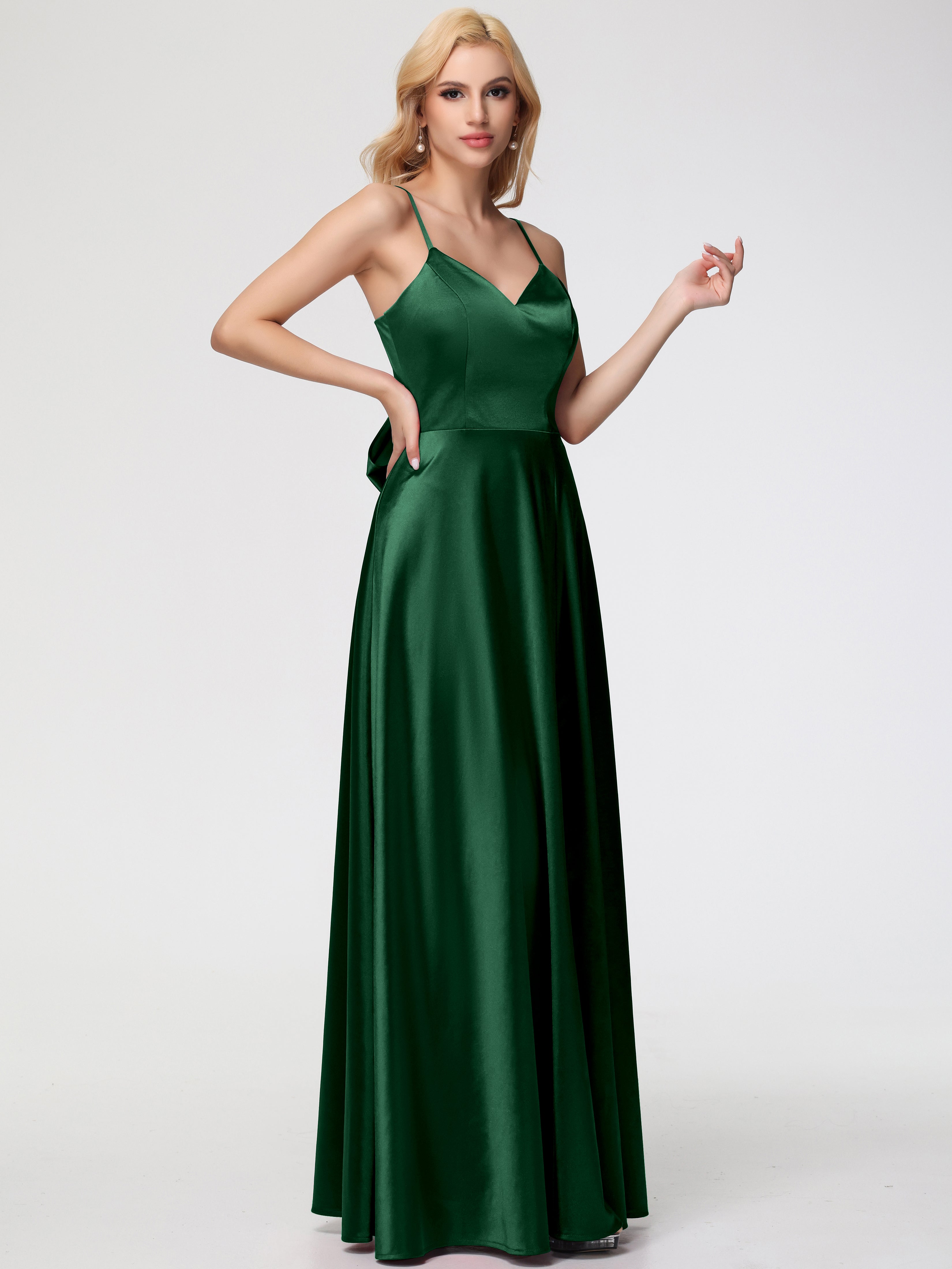 Robe Demoiselle D Honneur Vert Fonce Col V Trapèze Fendue Satin Extensible Robe De Demoiselle D'Honneur Robe à Lacets