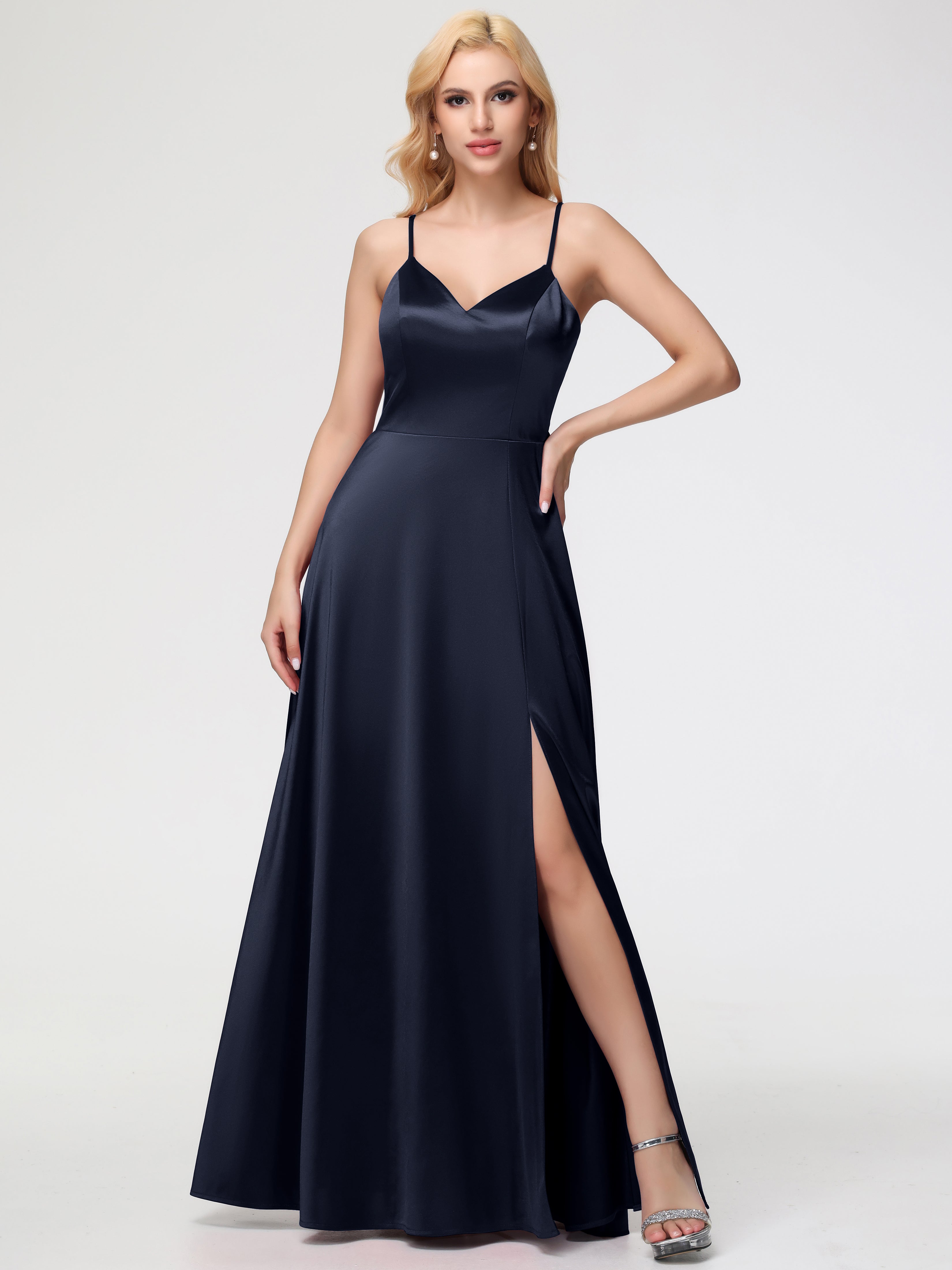 Robe Demoiselle D Honneur Bleu Marine Longue Col V Trapèze Fendue Satin Extensible Robe De Demoiselle D'Honneur Robe à Lacets