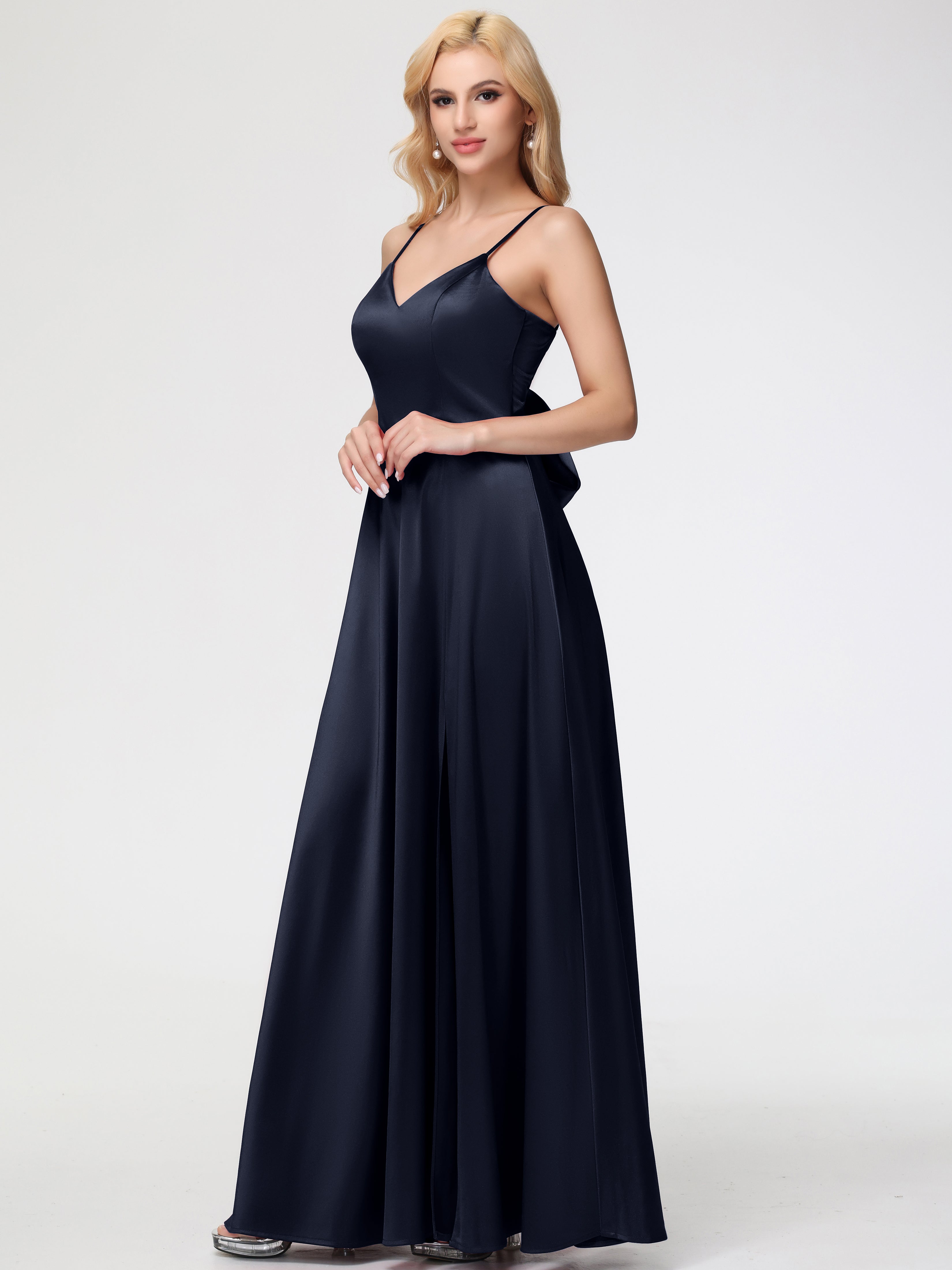 Robe Demoiselle D Honneur Bleu Marine Longue Col V Trapèze Fendue Satin Extensible Robe De Demoiselle D'Honneur Robe à Lacets