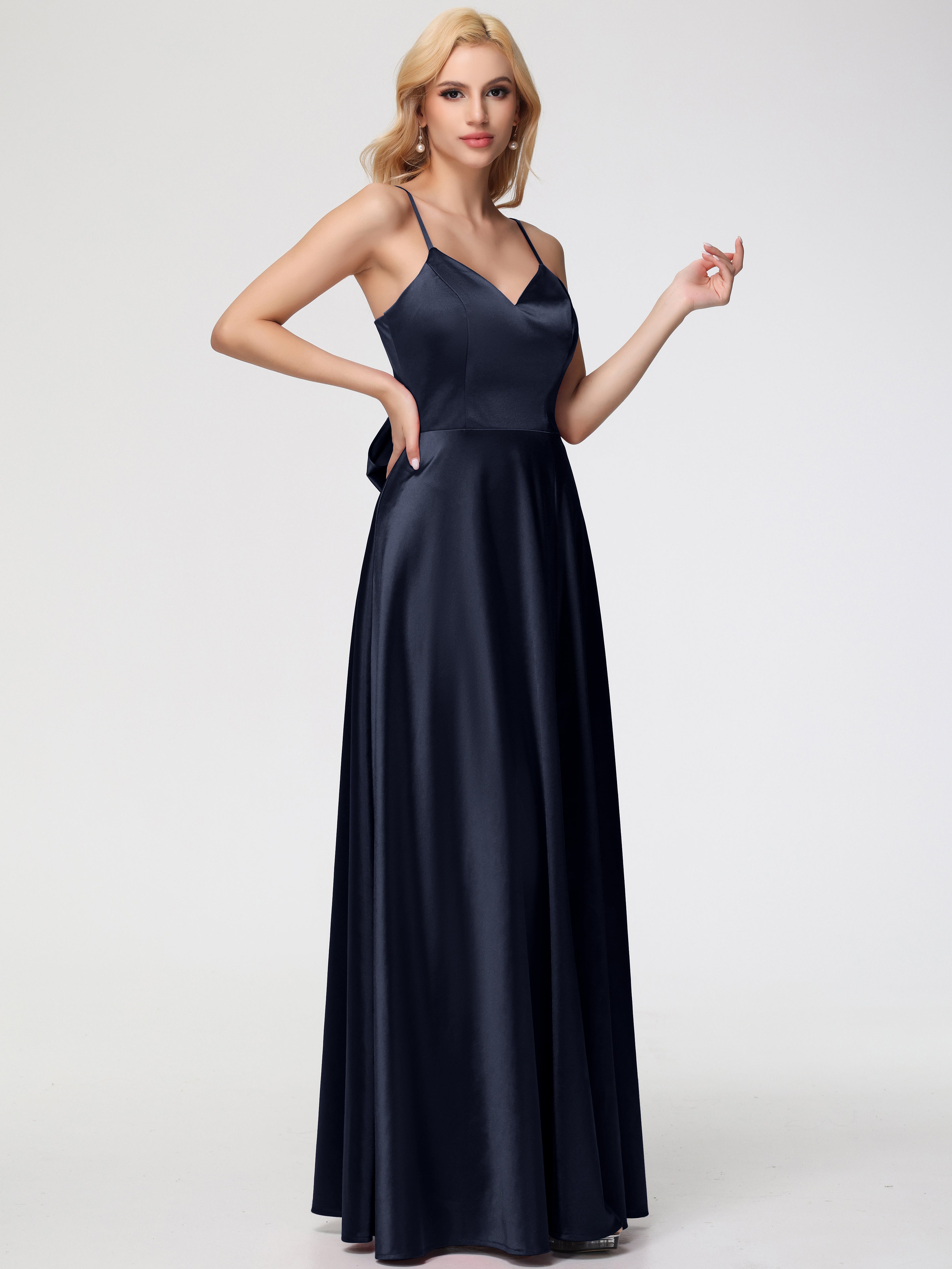 Robe Demoiselle D Honneur Bleu Marine Longue Col V Trapèze Fendue Satin Extensible Robe De Demoiselle D'Honneur Robe à Lacets